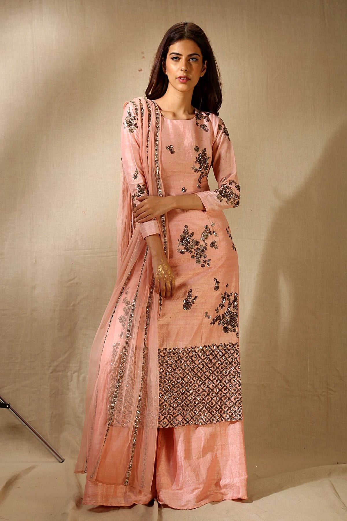 Pink Rawsilk Check Border Long Kurti And Pants