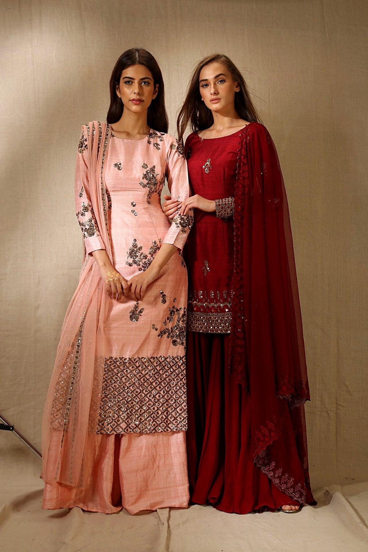 Pink Rawsilk Check Border Long Kurti And Pants
