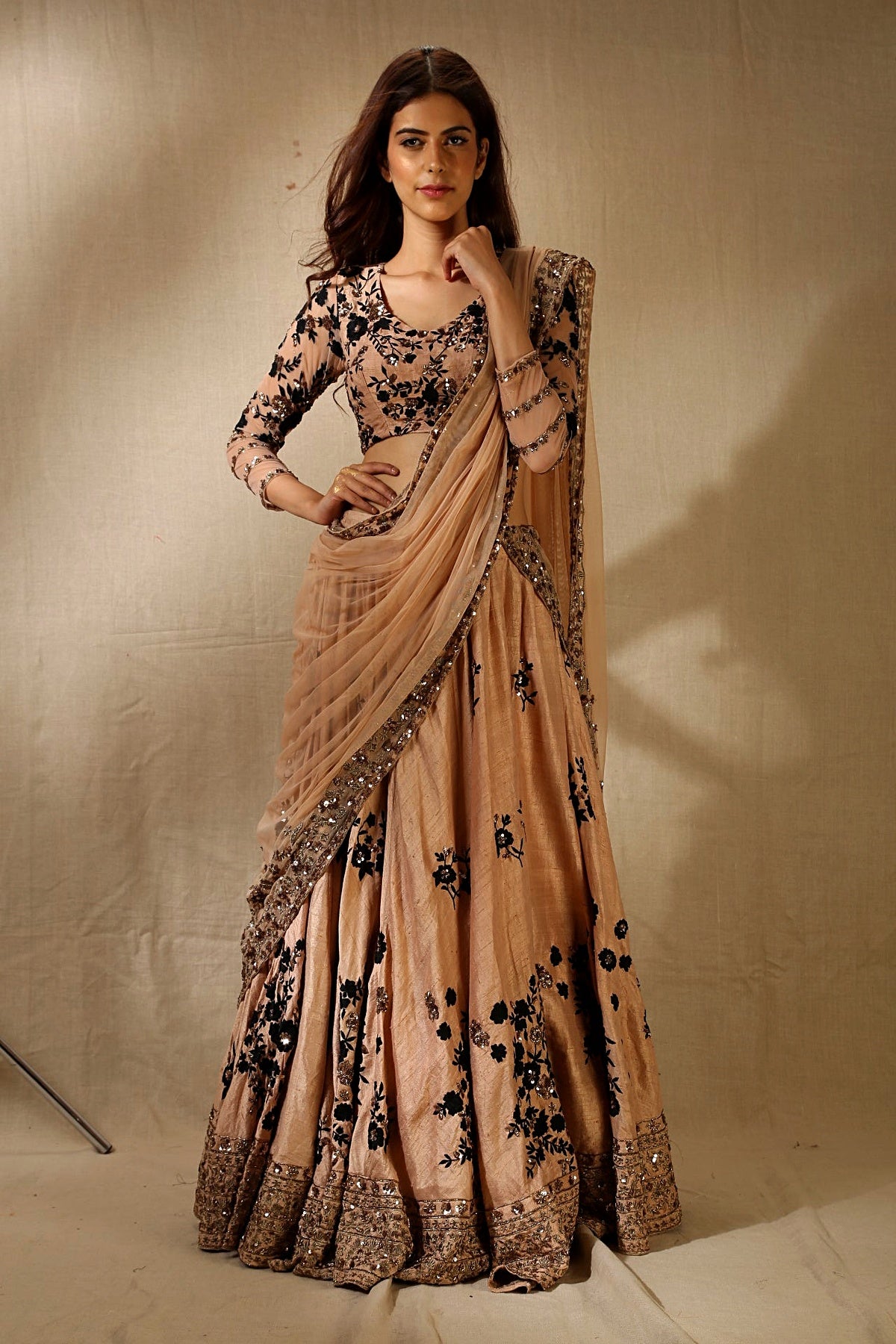 Peach And Black Rawsilk Thread Work Lehenga Set