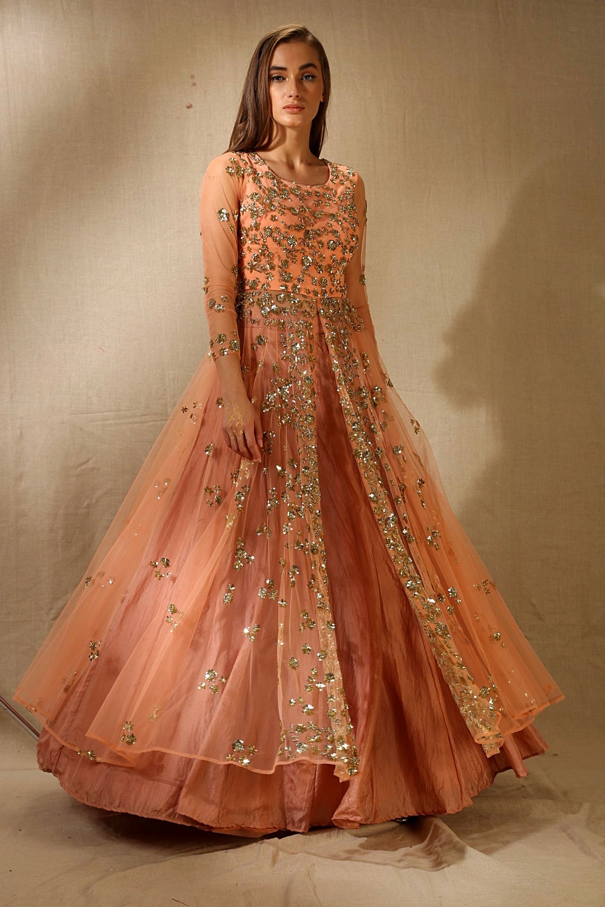 Coral With Gold Sequence Bootie Front Open Jacket Set
