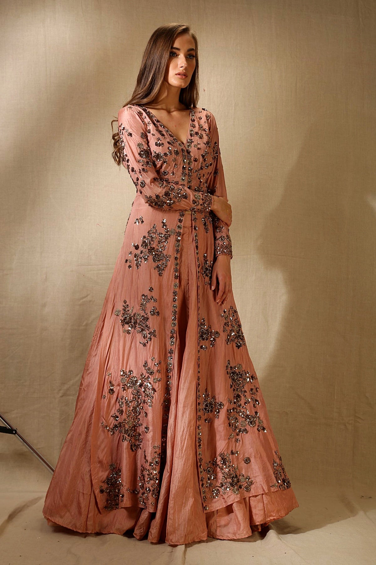 Peach Silk Bootie Work Front Open Jacket Set