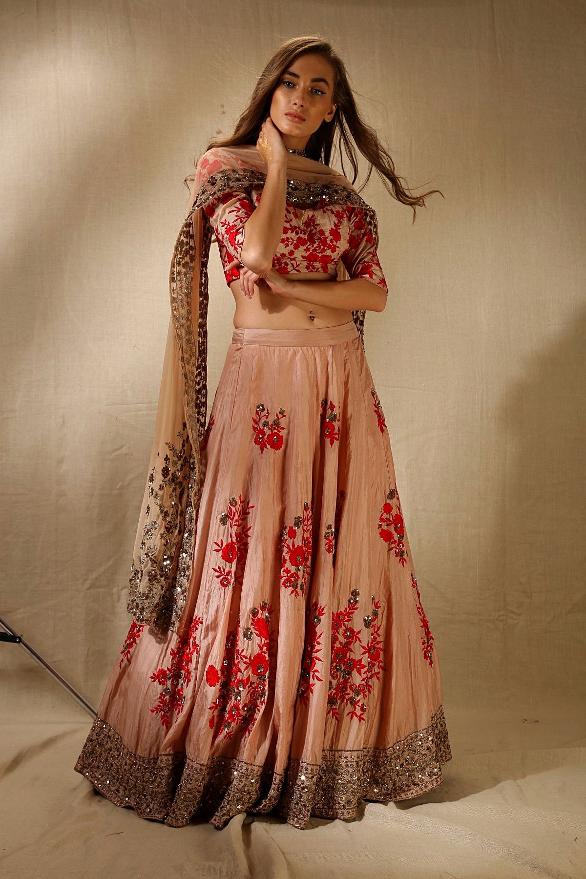 Peach And Red Thread Work Lehenga Set