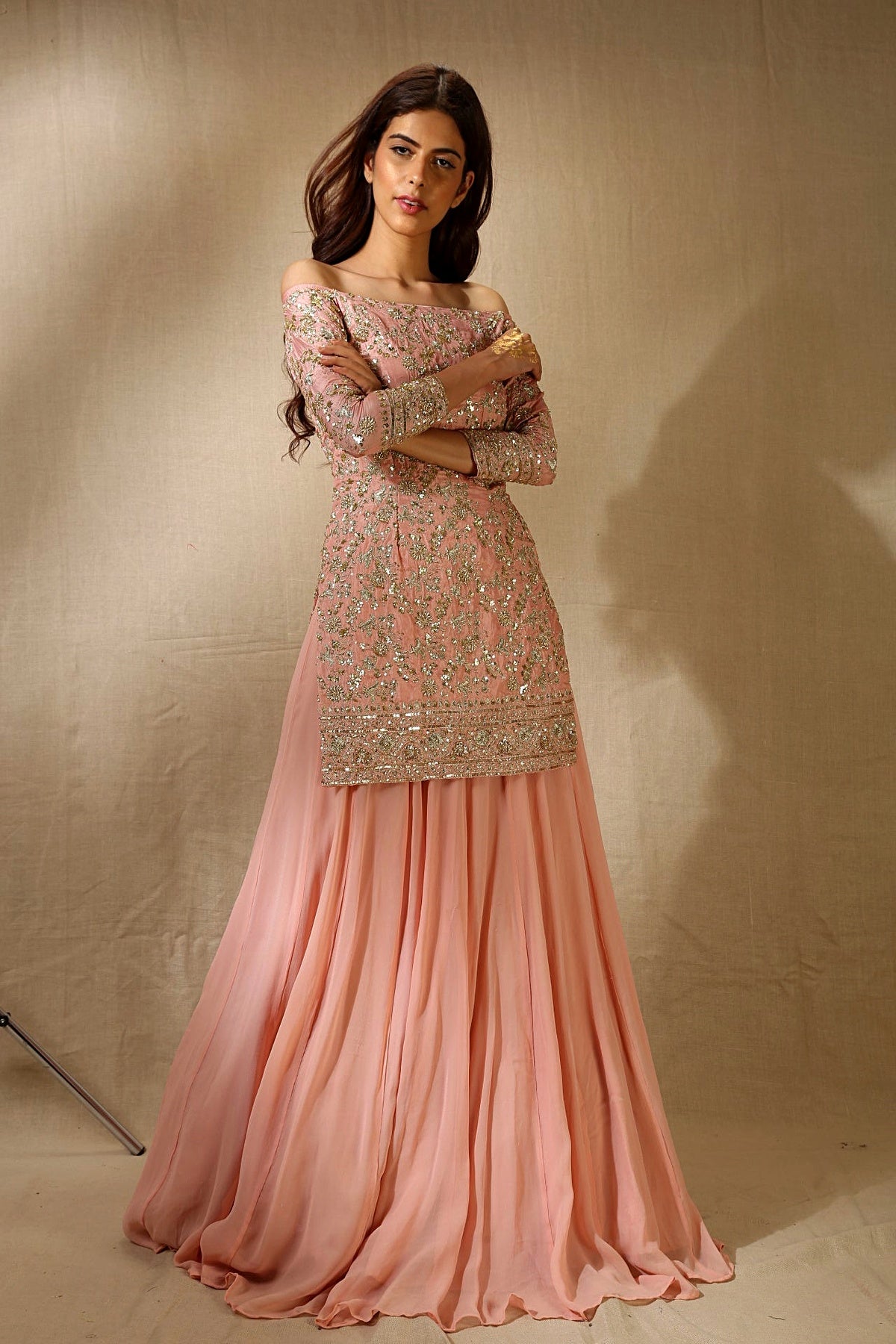 Pink Silk Off Shoulder kurti And Sharara Set