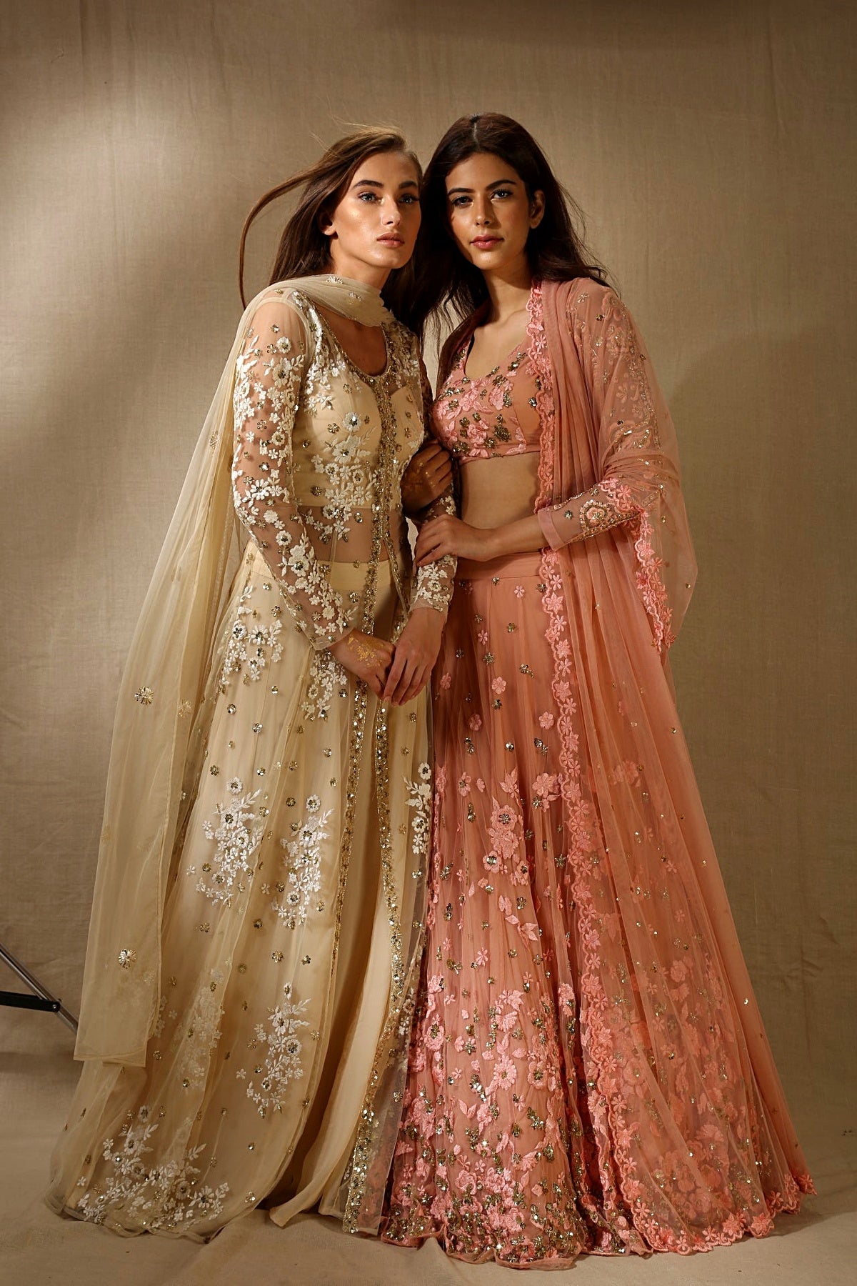 Peach Pink With Gold Flower Thread Work Lehenga Set