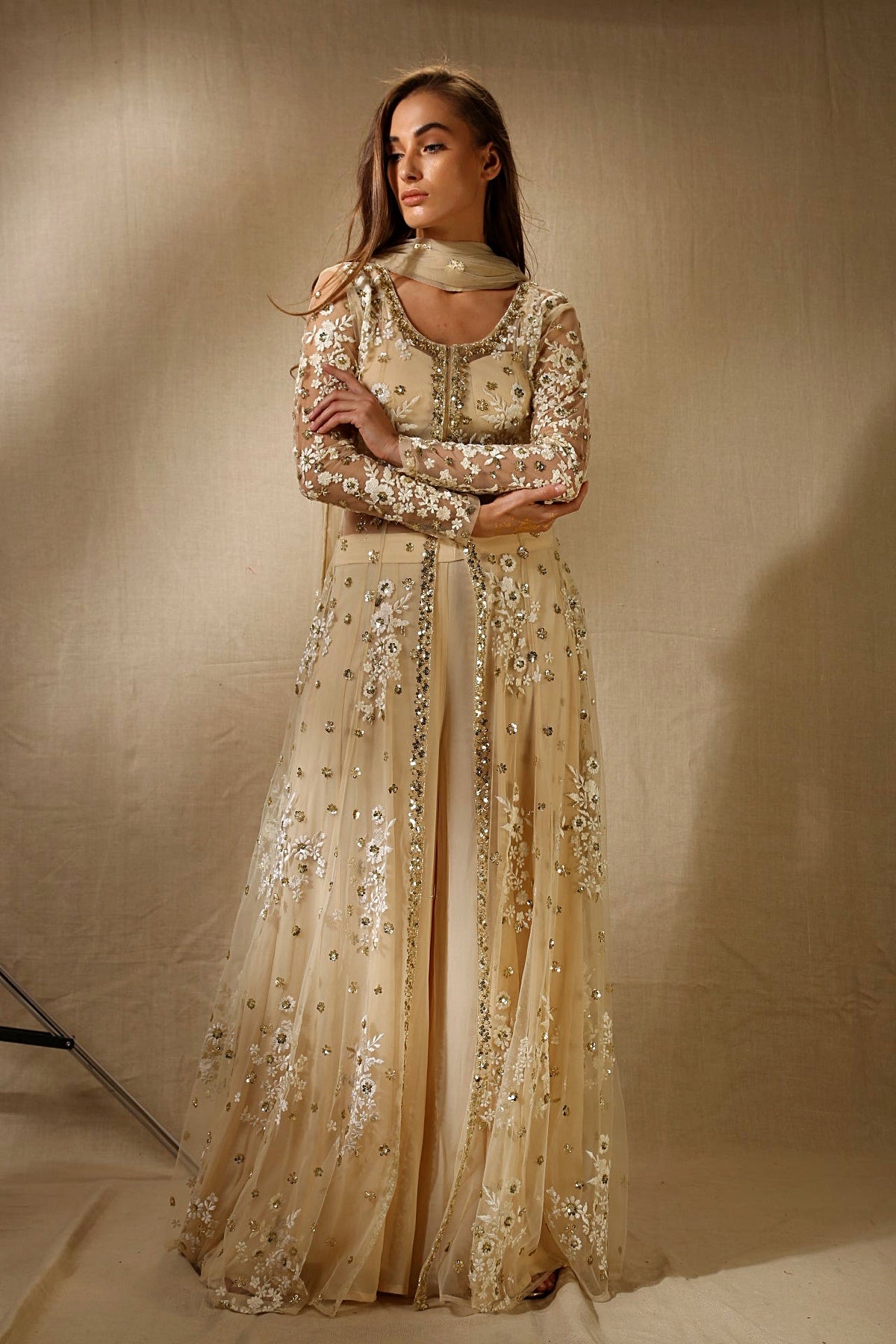 Off White With Gold Sequence Work Front Open Jacket Set