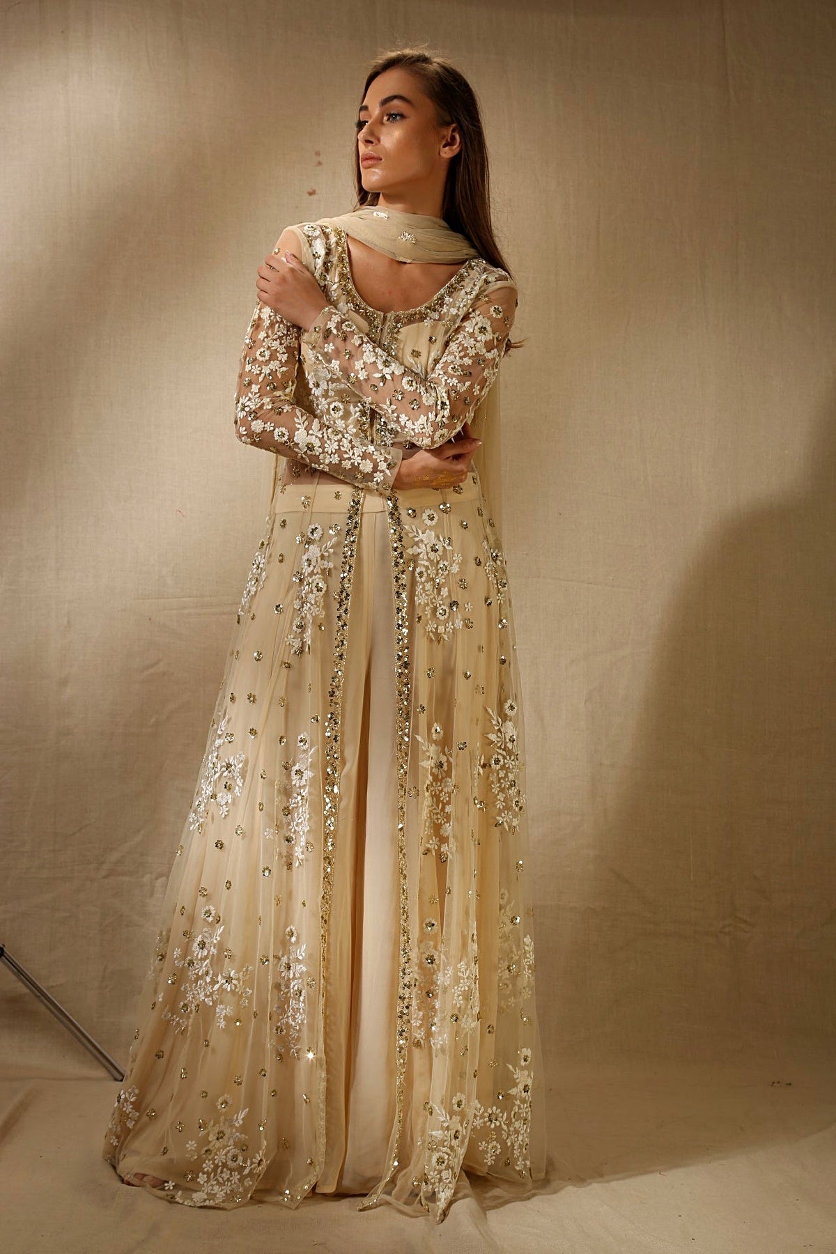 Off White With Gold Sequence Work Front Open Jacket Set