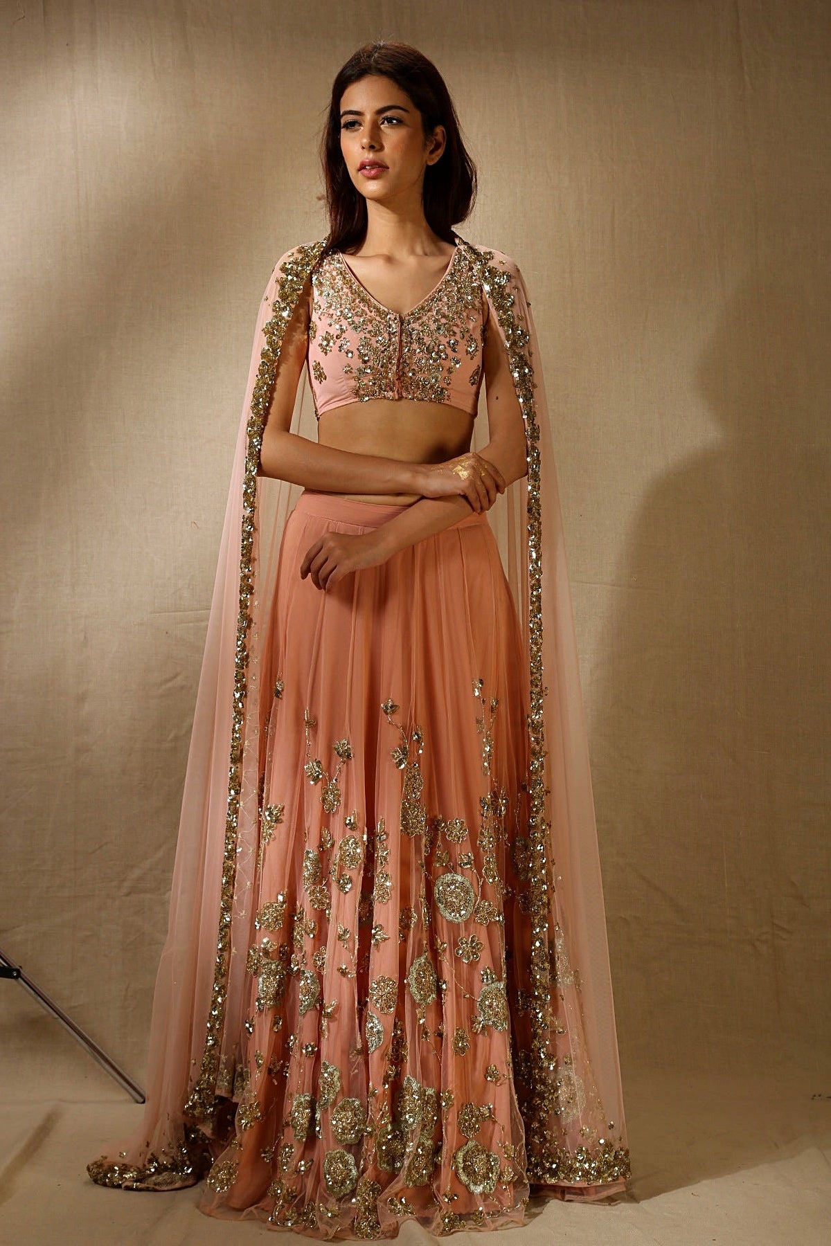 Blush Pink With Gold Flower Work Lehenga Set
