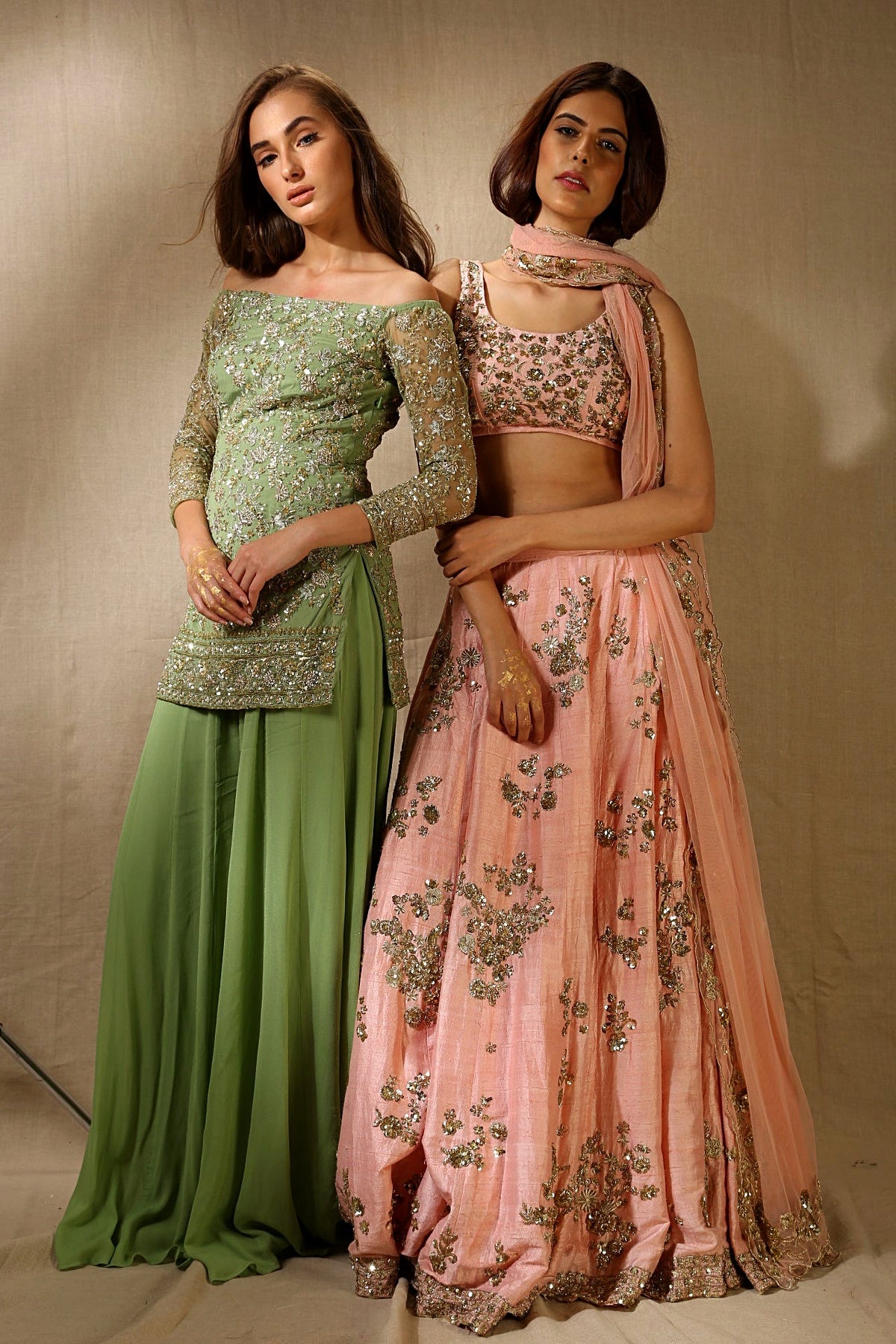 Mint Green Off Shoulder kurti And Sharara Set