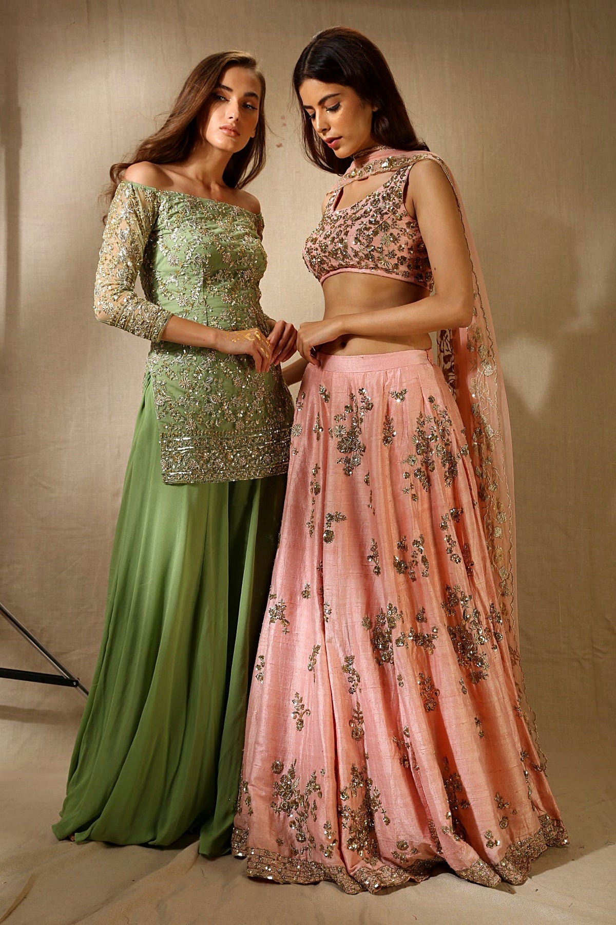 Mint Green Off Shoulder kurti And Sharara Set