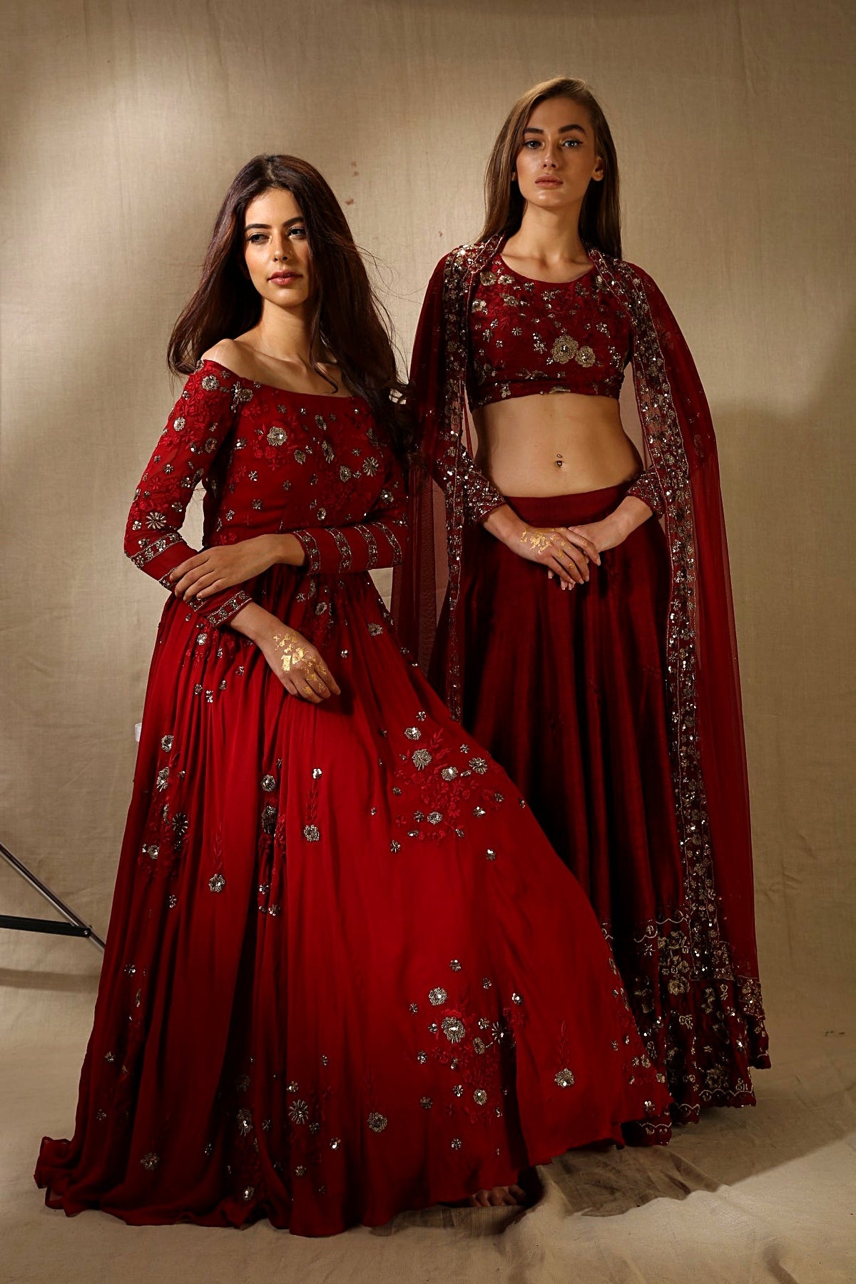 Maroon Georjette Off-Shoulder Thread Work Anarkali Set