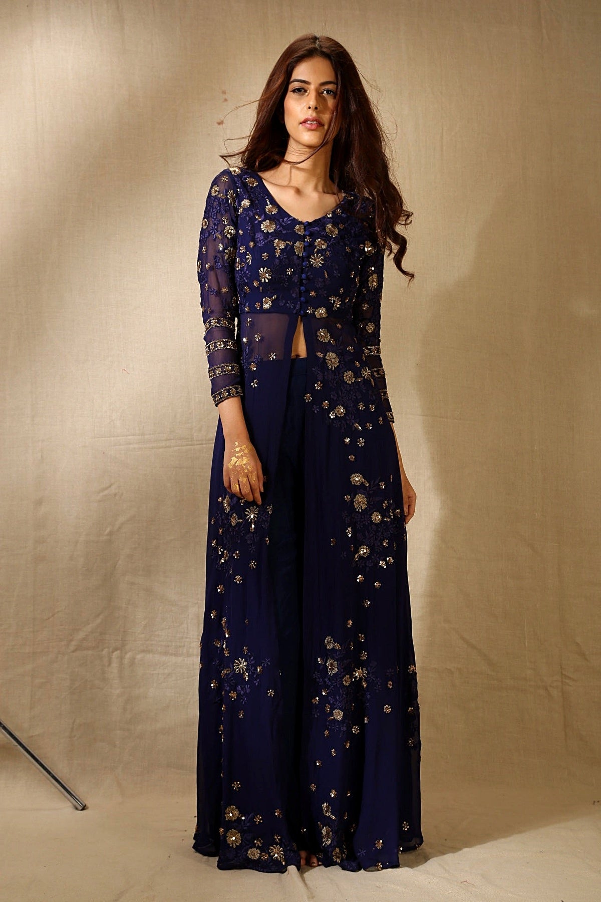 Navy Blue Georjette With Thread Work Front Open Jacket Set