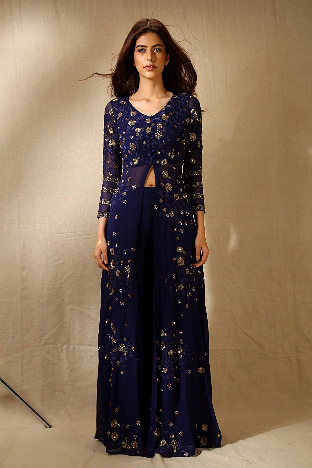 Navy Blue Georjette With Thread Work Front Open Jacket Set