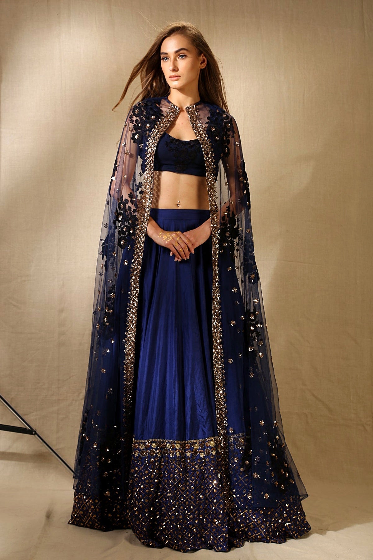 Navy Blue Silk Off-Shoulder Crop Top With Cape Lehenga Set