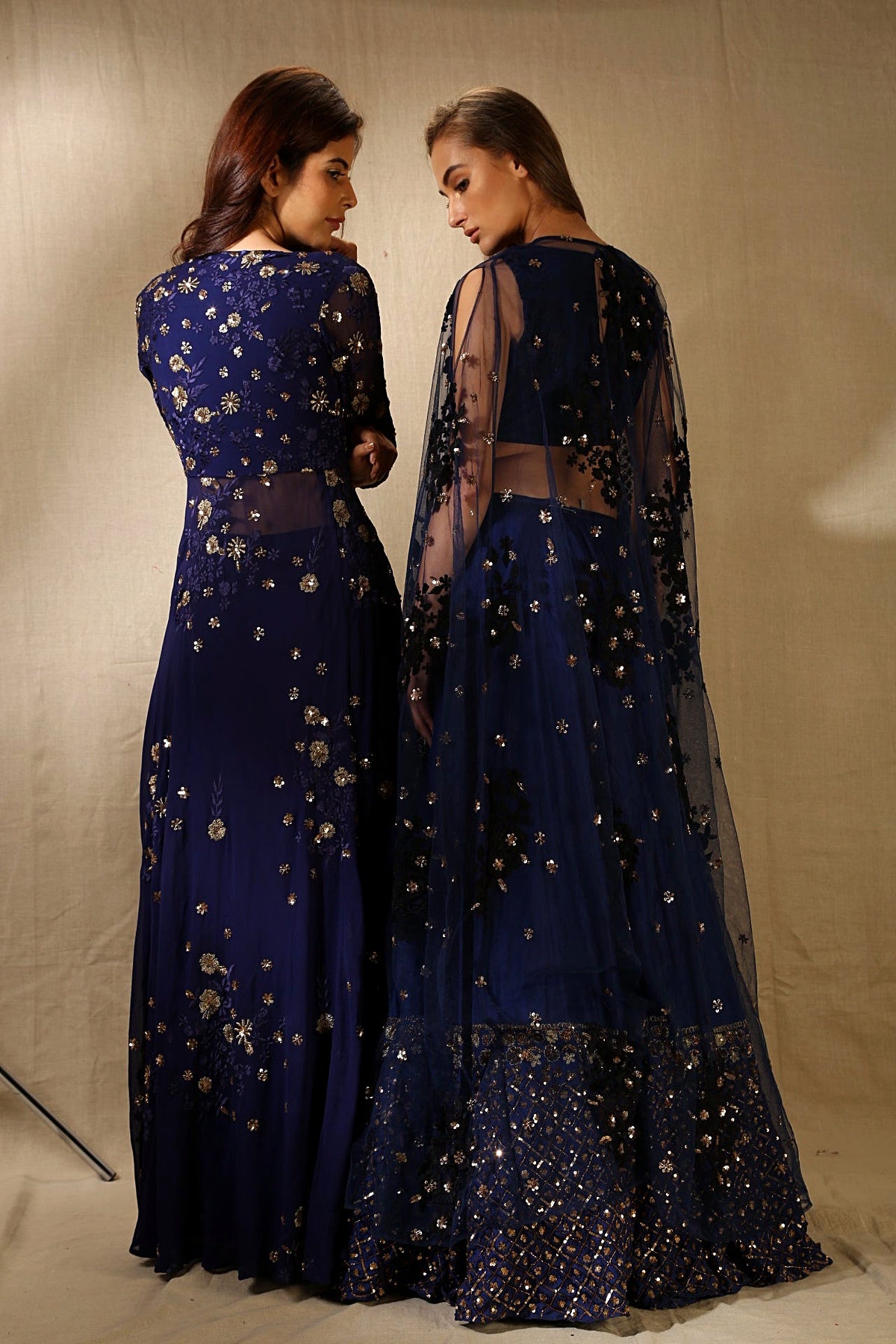 Navy Blue Silk Off-Shoulder Crop Top With Cape Lehenga Set