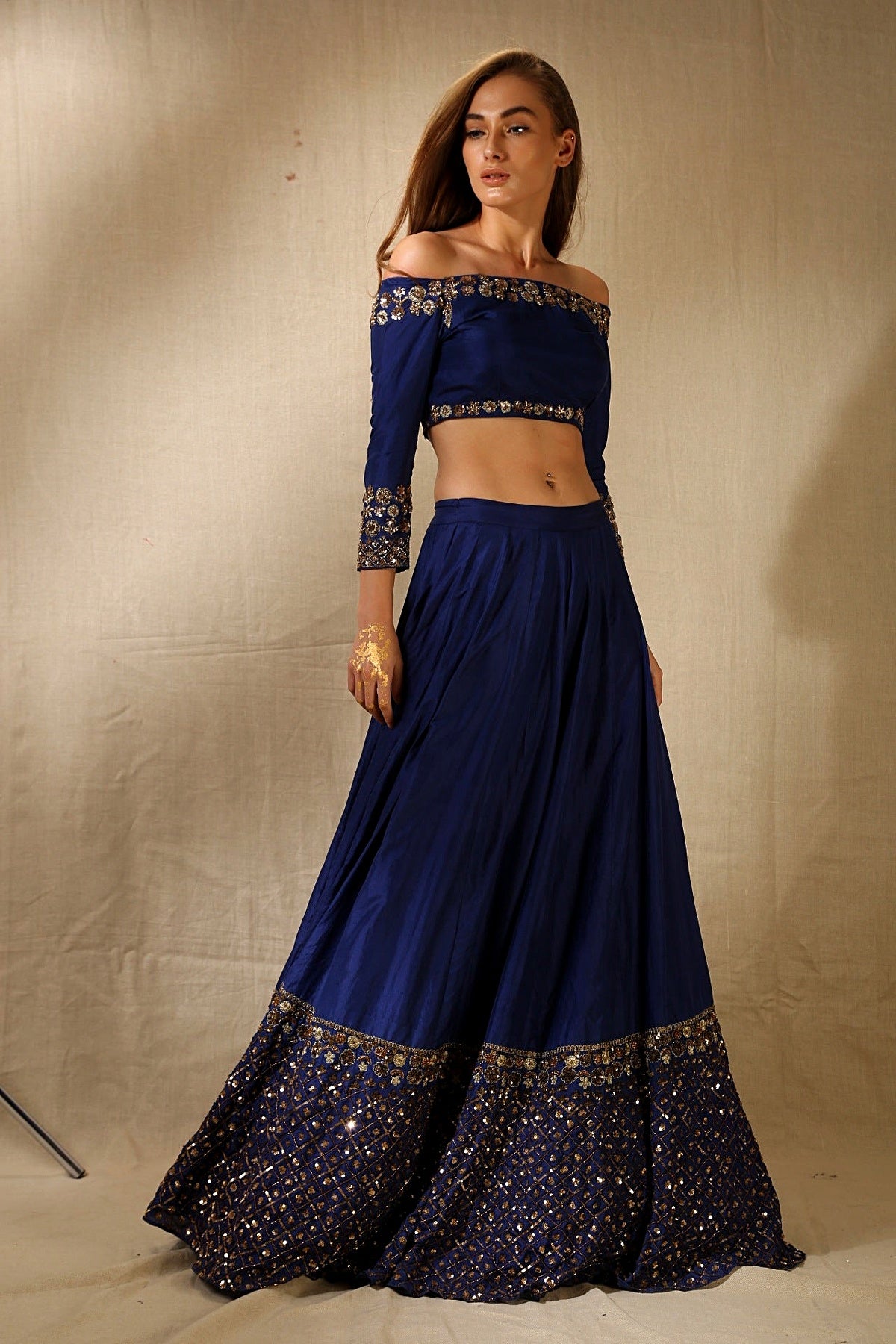 Navy Blue Silk With Antique Work Off-Shoulder Crop Top Lehenga Set