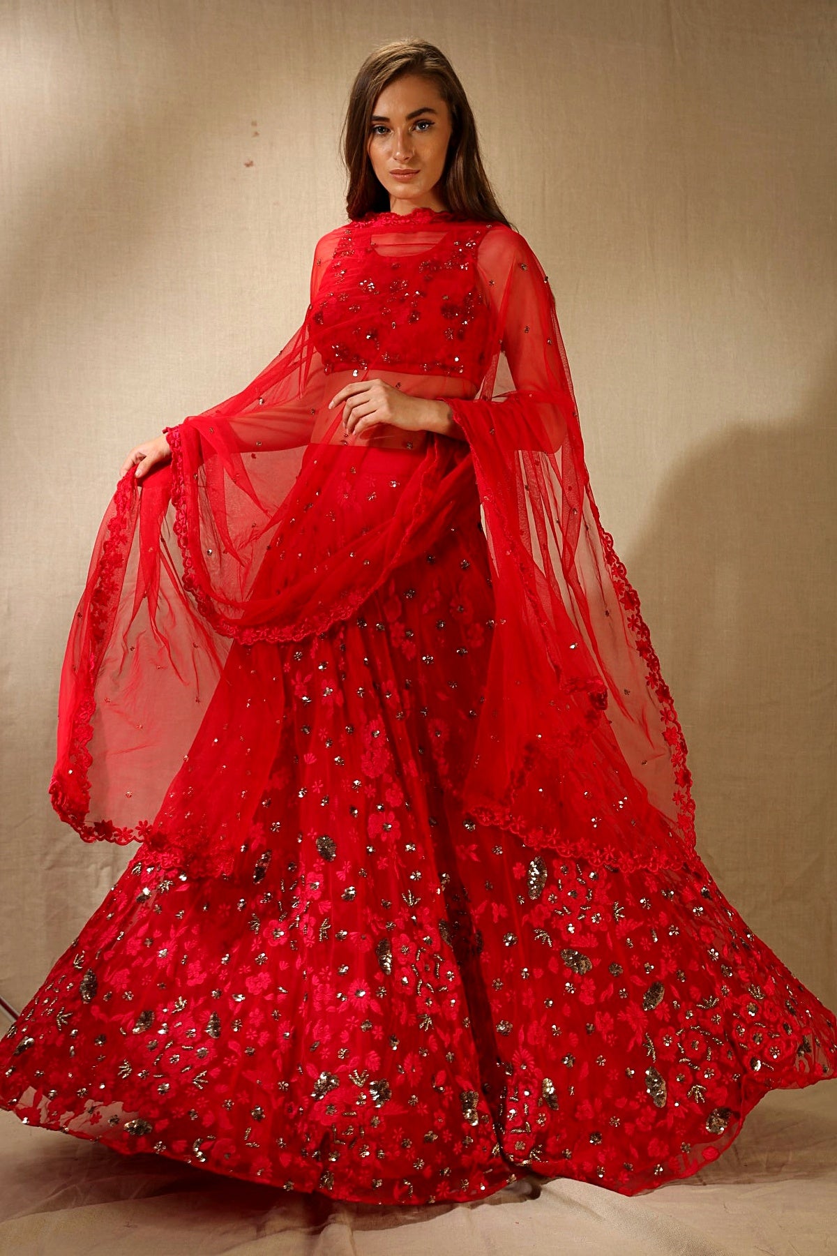 Caramine Pink Thread Work Lehenga Set