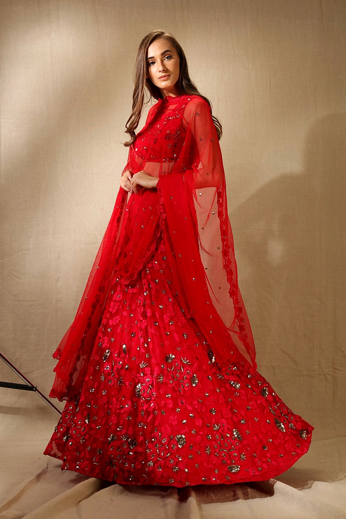 Caramine Pink Thread Work Lehenga Set