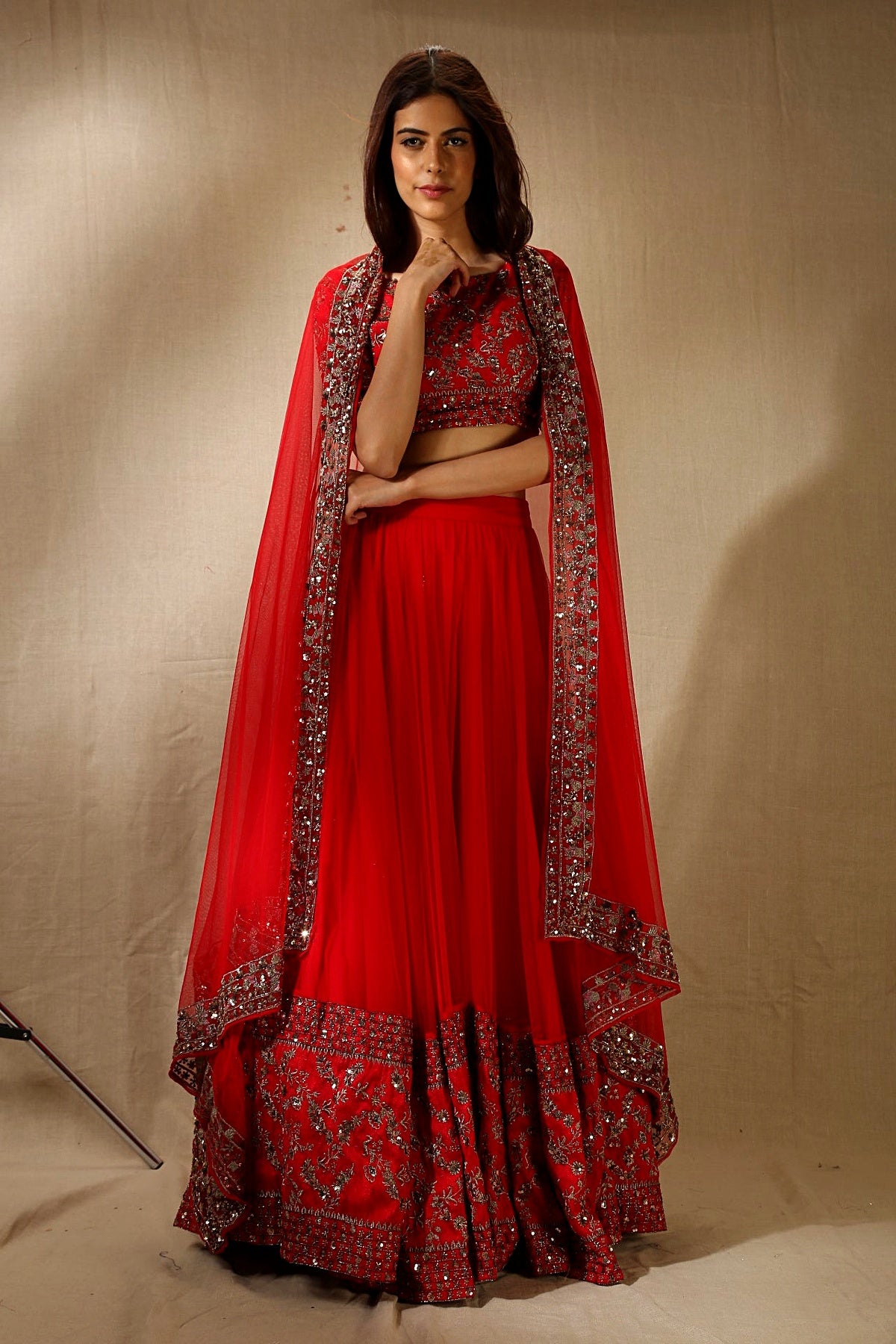 Red Net Antique Border Work Lehenga Set