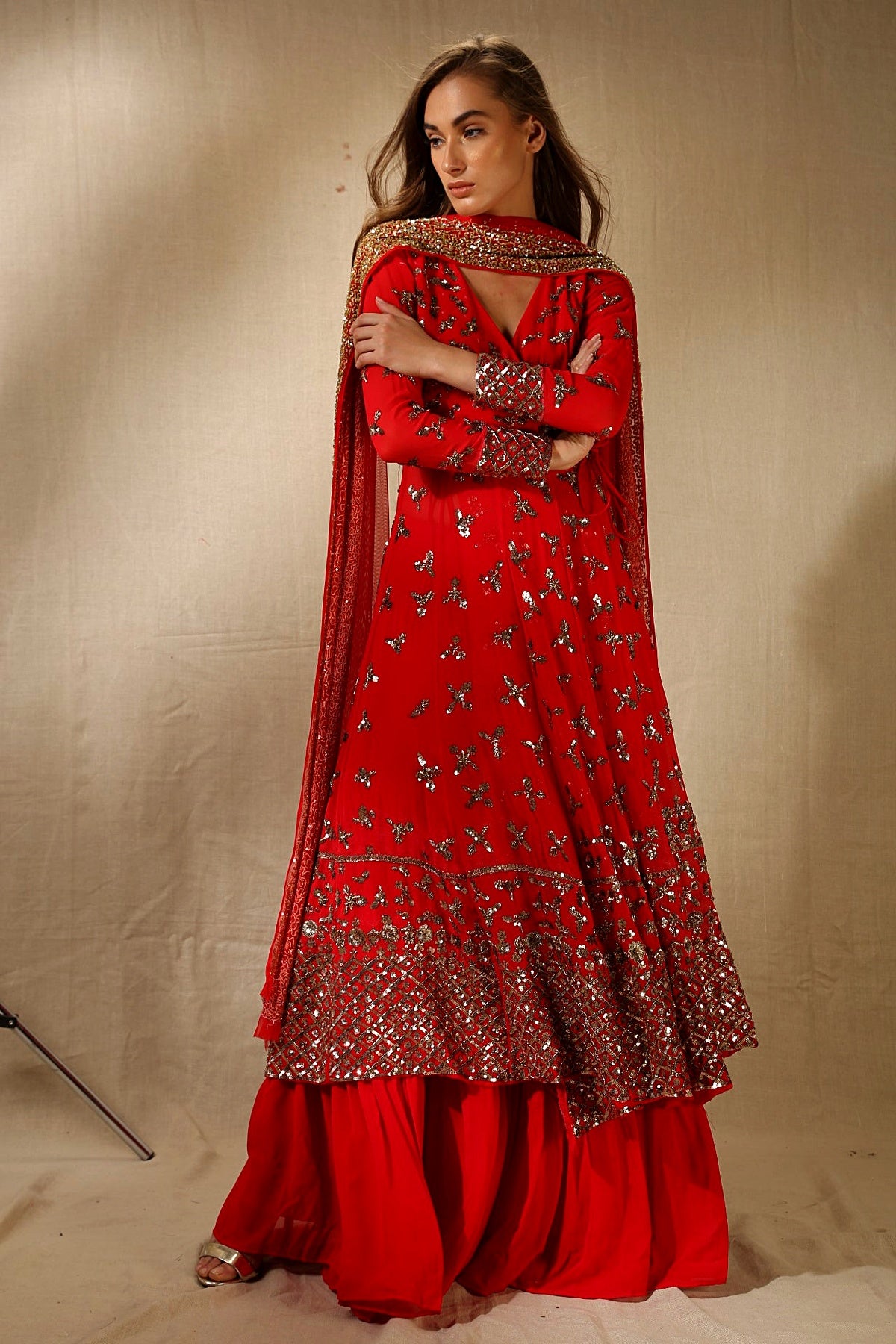 Red Georjette Heavy Bootie Work Angrakha Set