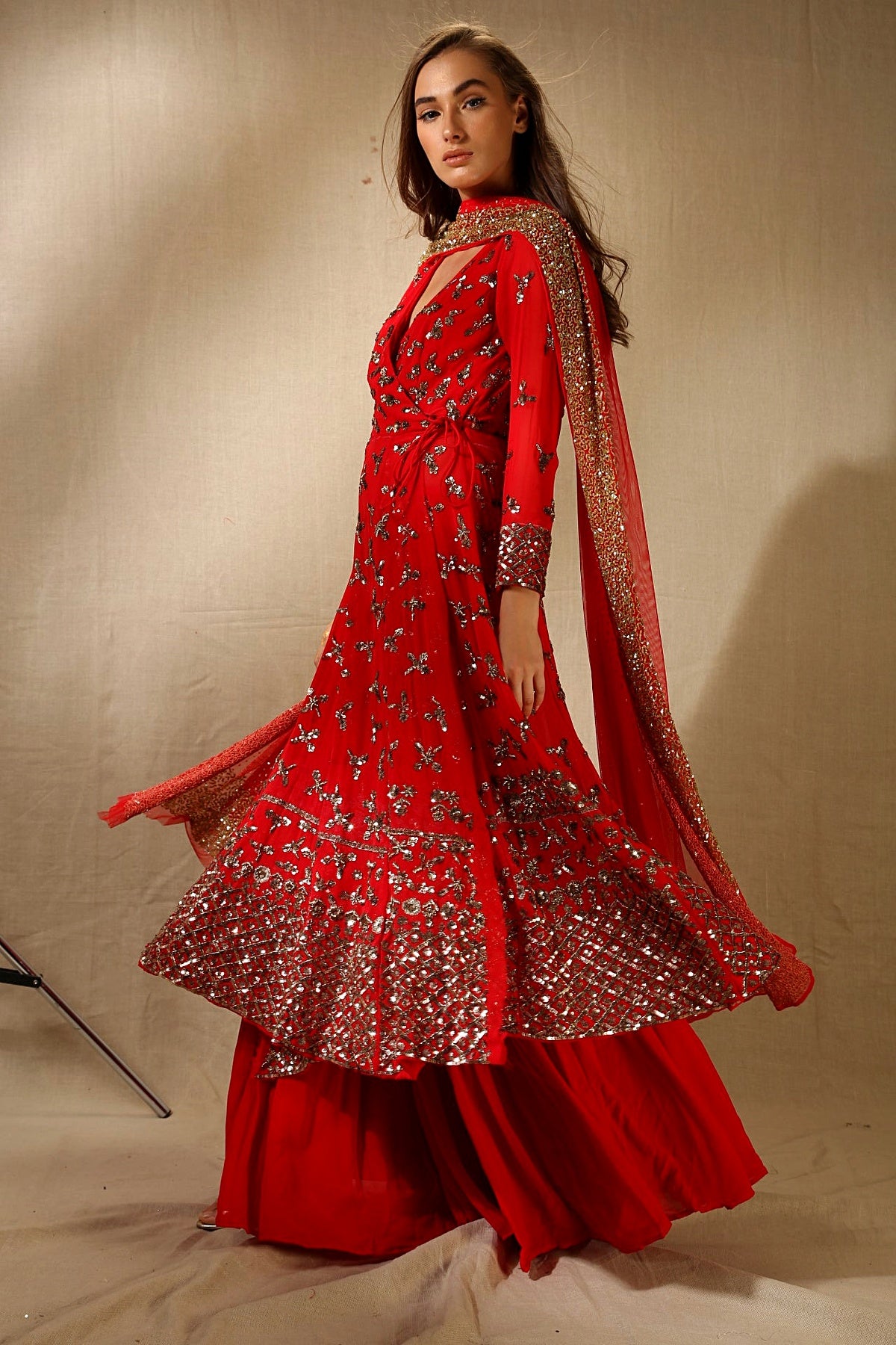 Red Georjette Heavy Bootie Work Angrakha Set