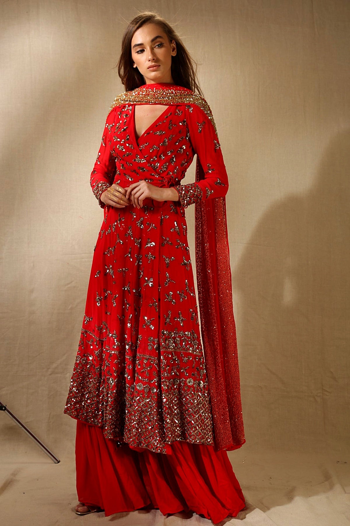 Red Georjette Heavy Bootie Work Angrakha Set