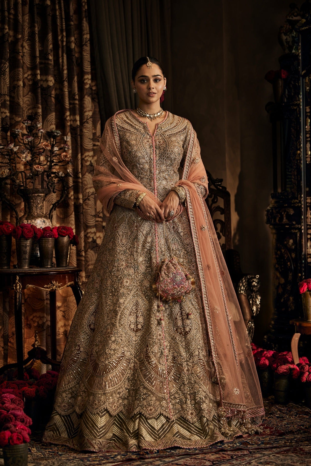 Beige Grey Tulle Kalidar Jacket With Skirt