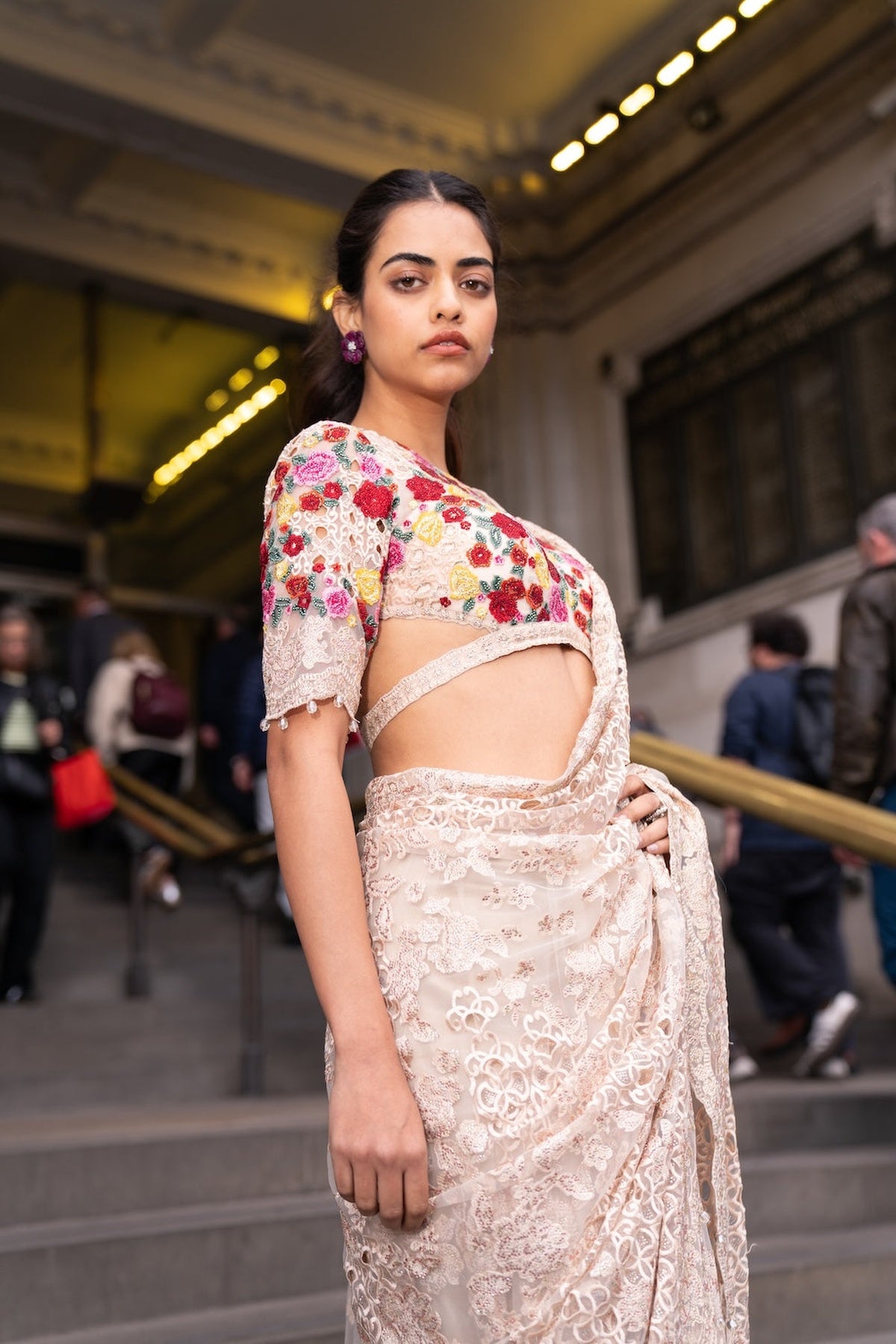 Beige Multi-Coloured Thread Work Saree