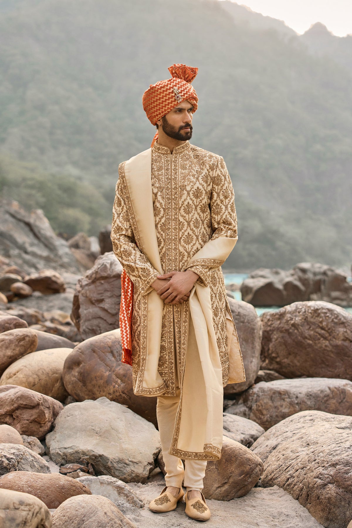 Beige Zardozi Sherwani Set
