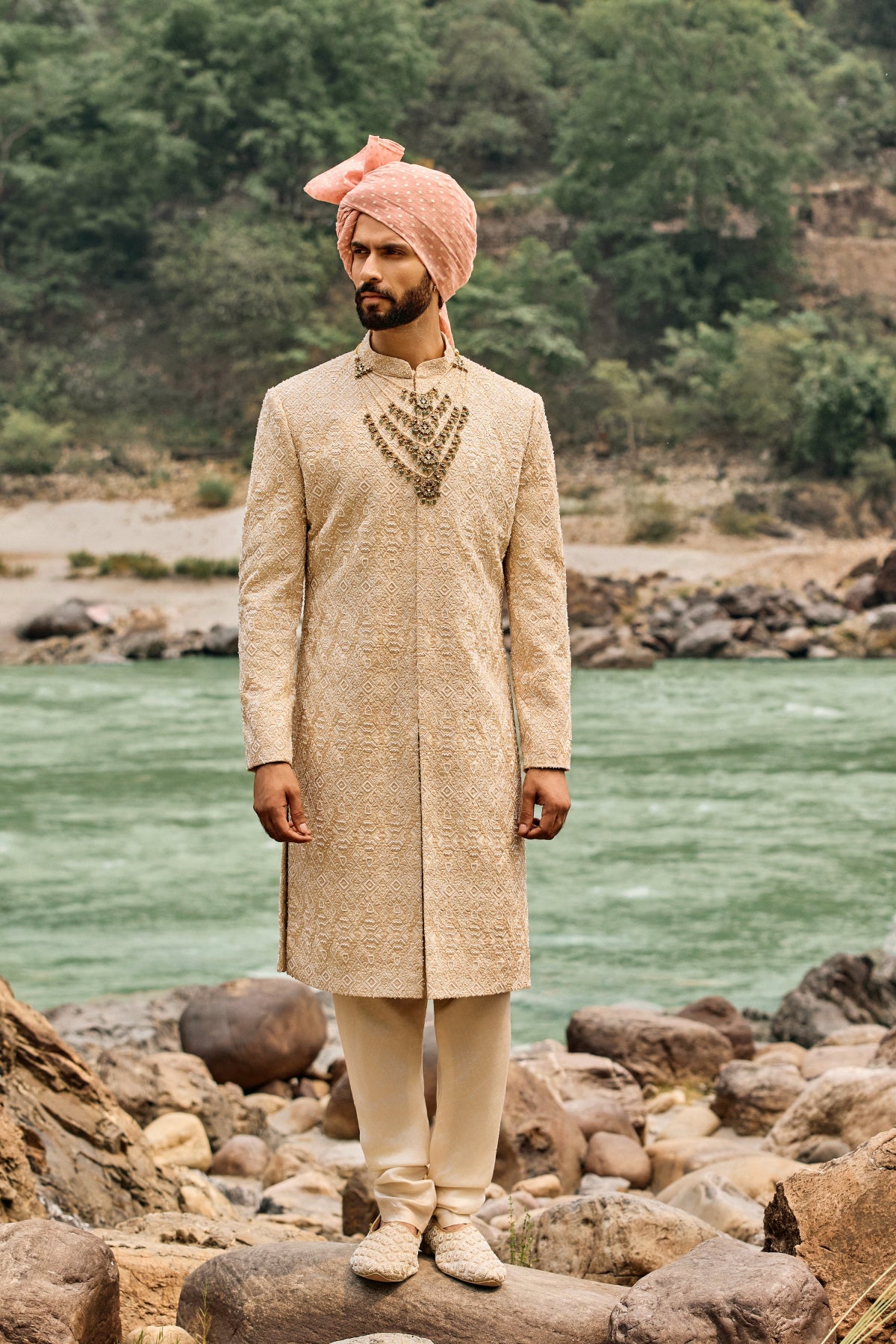 Champagne Geometric Sherwani Set