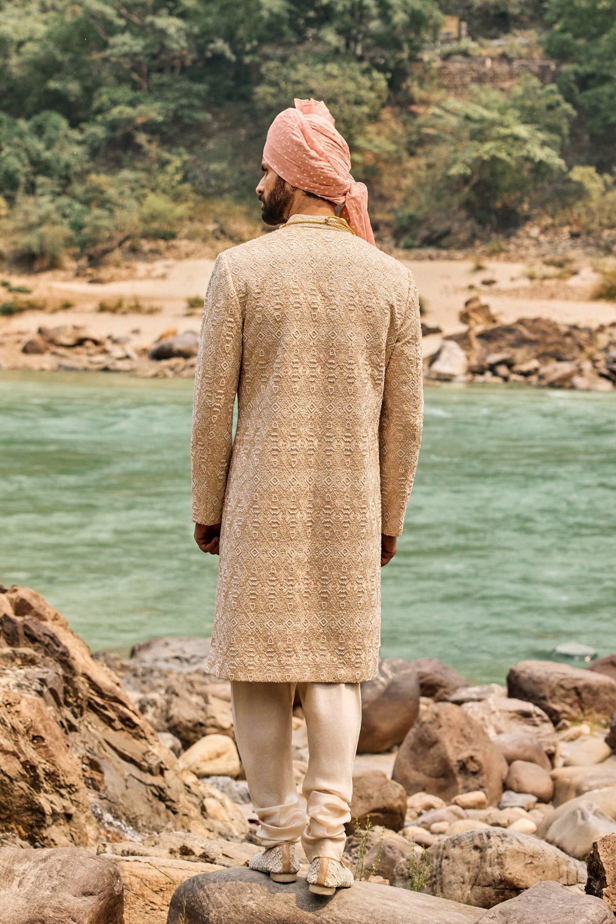 Champagne Geometric Sherwani Set