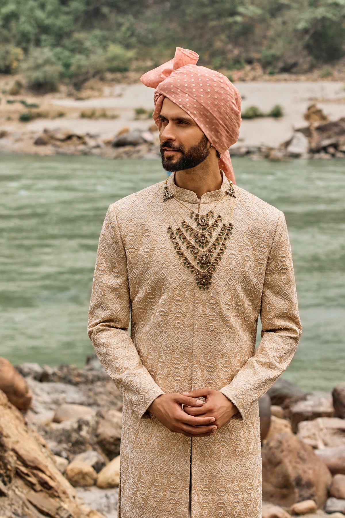 Champagne Geometric Sherwani Set