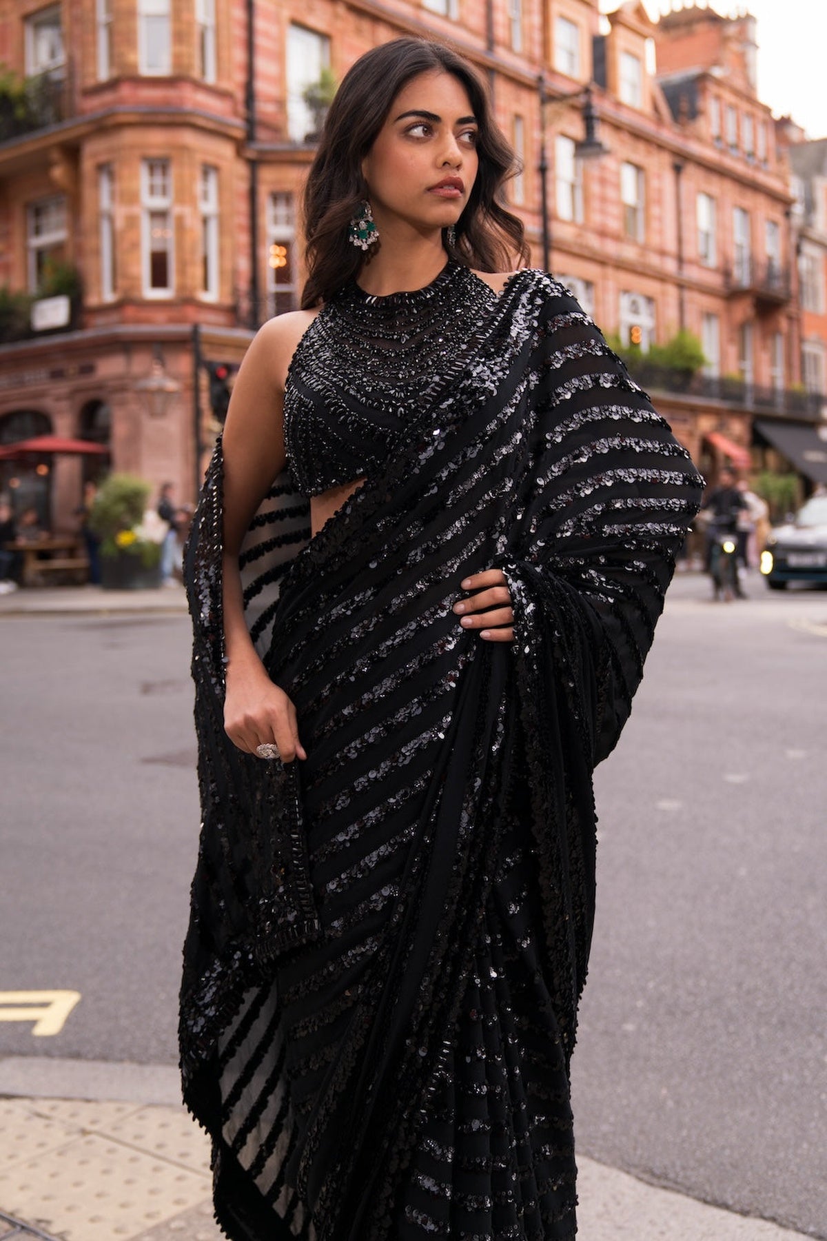 Black Sequin & Crystal Saree