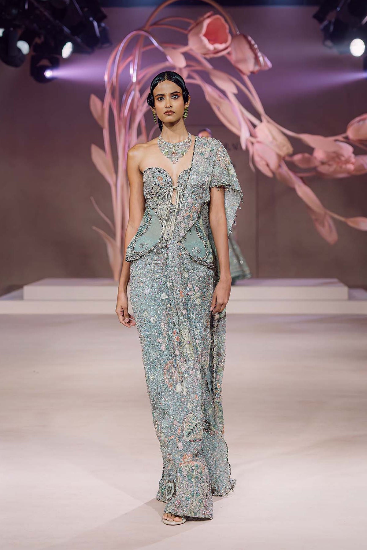 Violetta - Blue sequin tulle draped saree