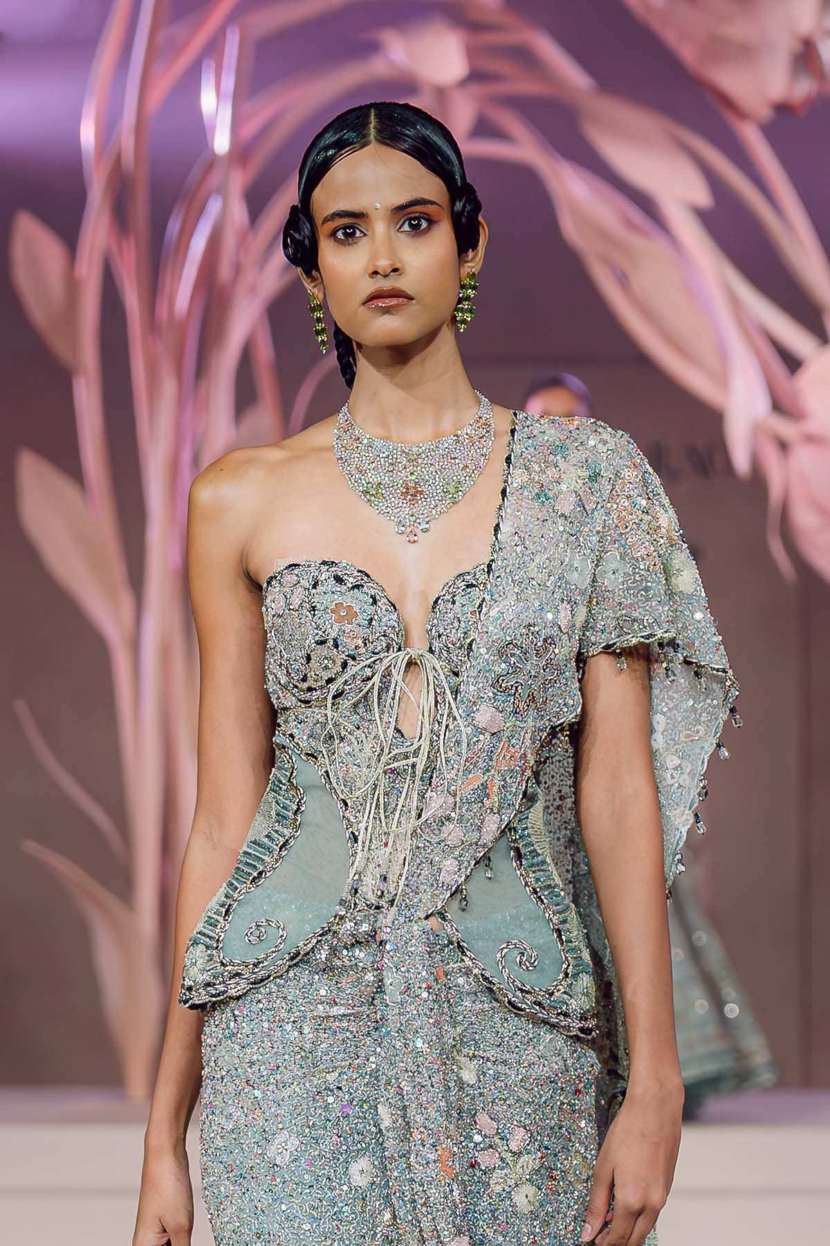 Violetta - Blue sequin tulle draped saree