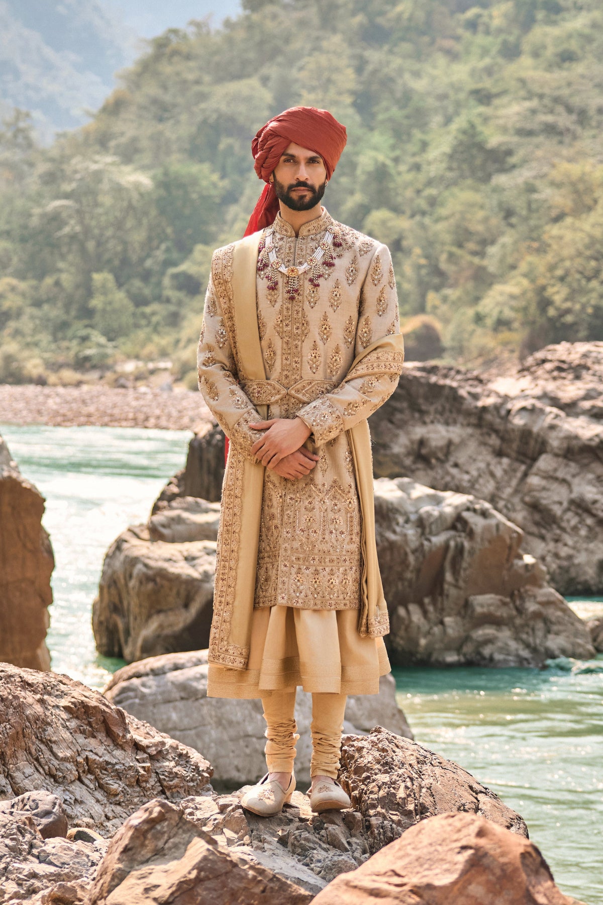 Gold Twill Matka Sherwani Set