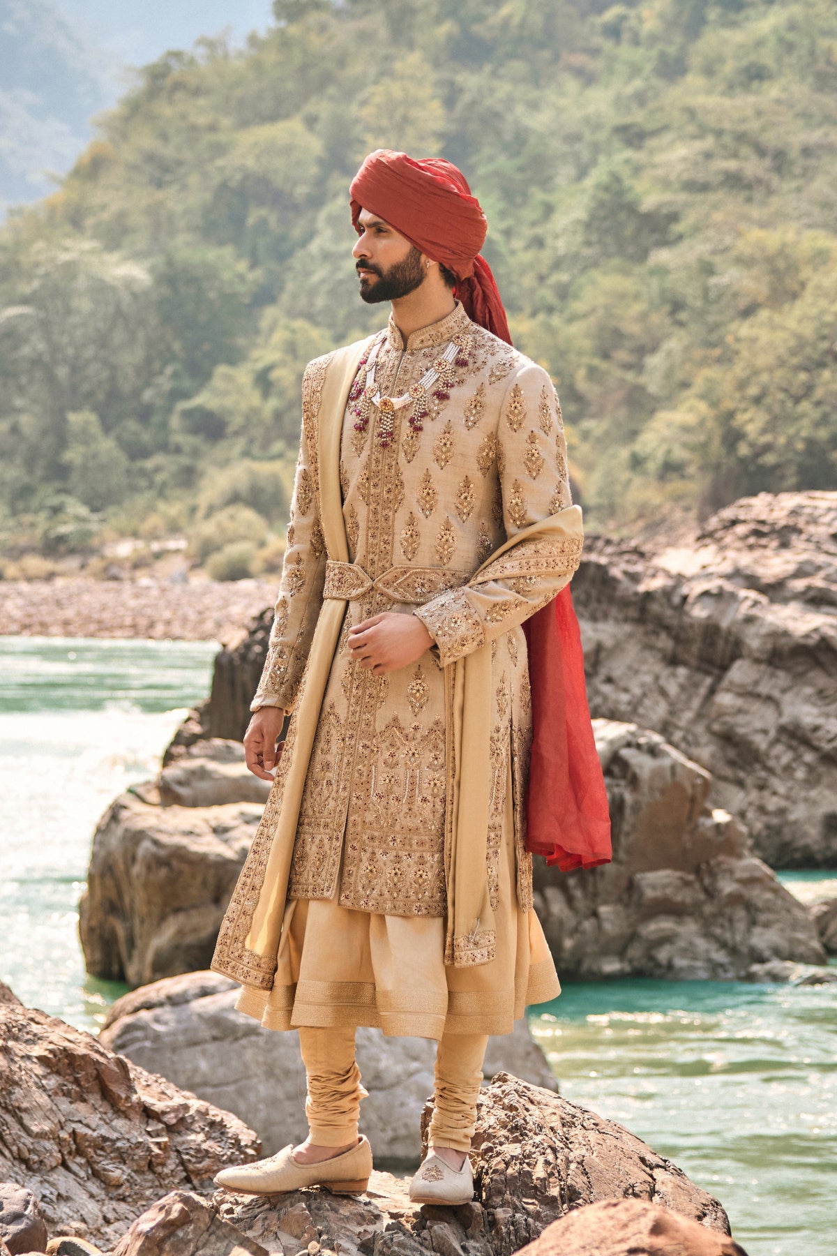 Gold Twill Matka Sherwani Set
