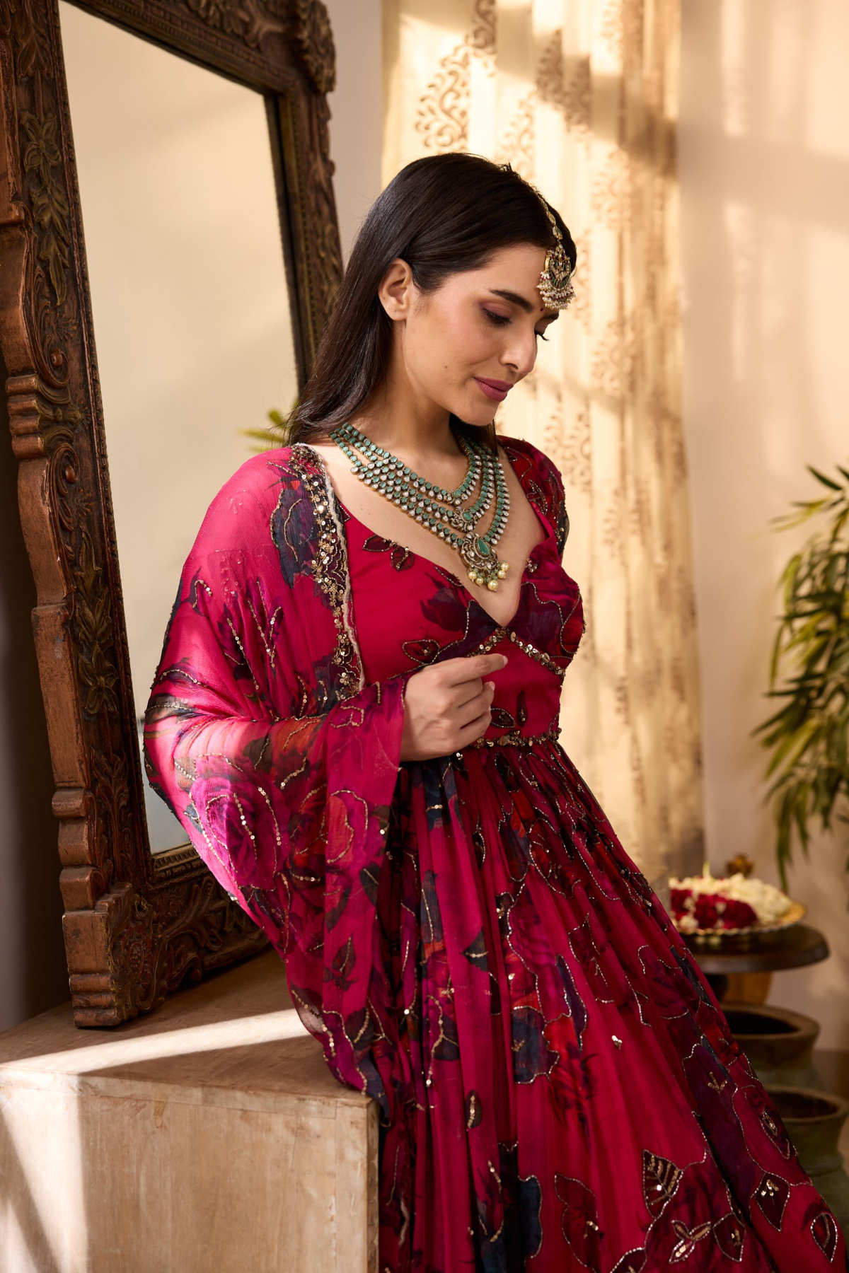 CARAMINE PINK CHIFFON FLORAL ANARKALI