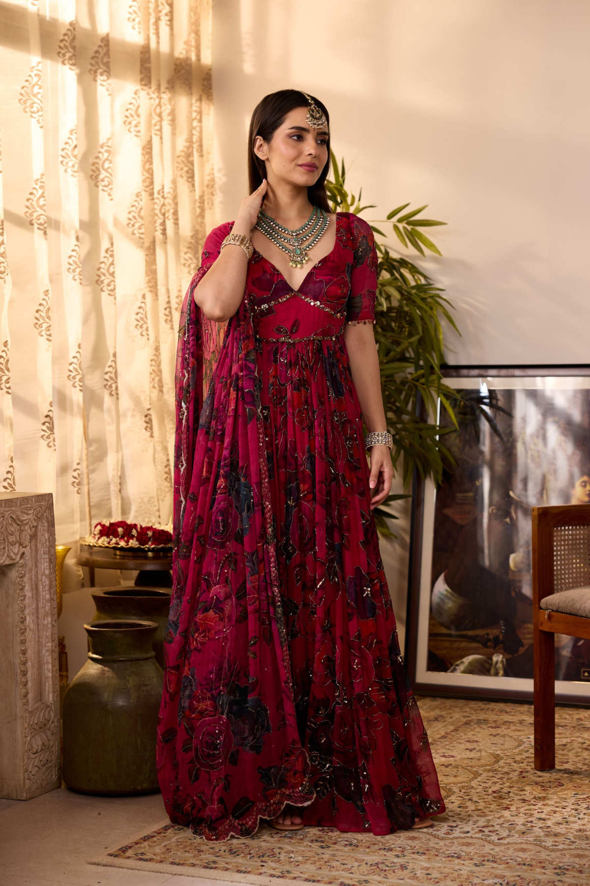 CARAMINE PINK CHIFFON FLORAL ANARKALI