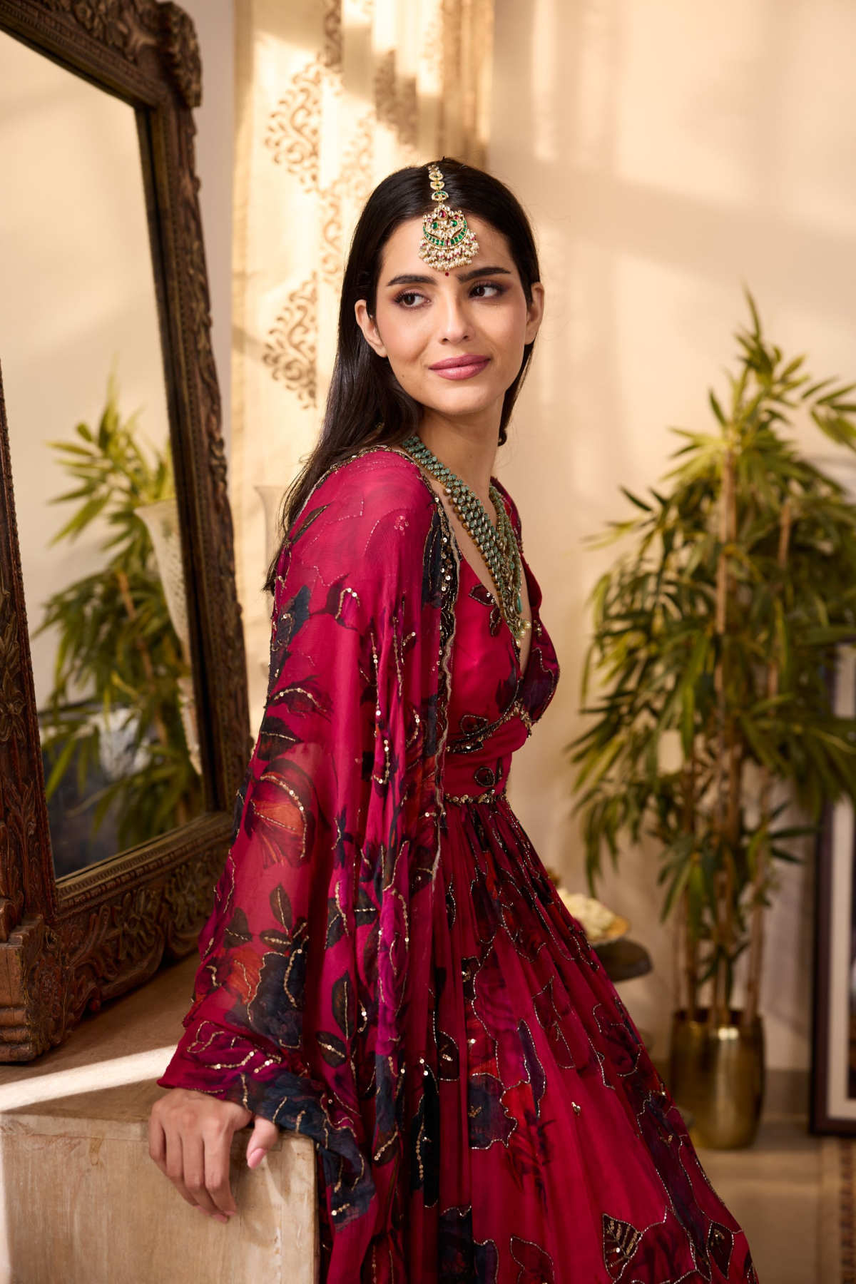 CARAMINE PINK CHIFFON FLORAL ANARKALI