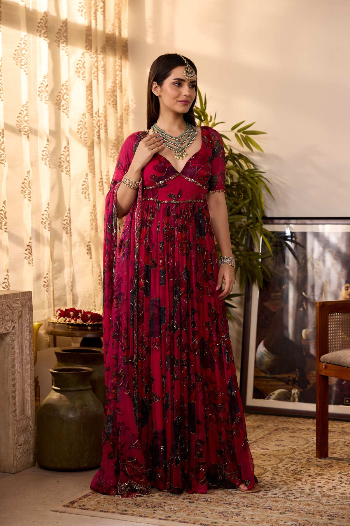 CARAMINE PINK CHIFFON FLORAL ANARKALI