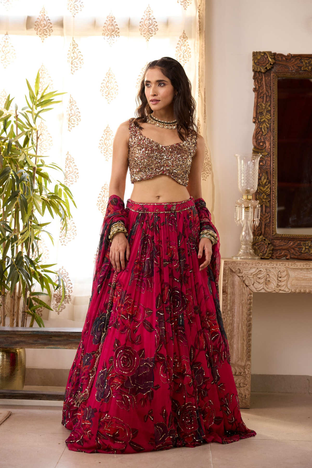 CARAMINE PINK CHIFFON FLORAL LEHENGA