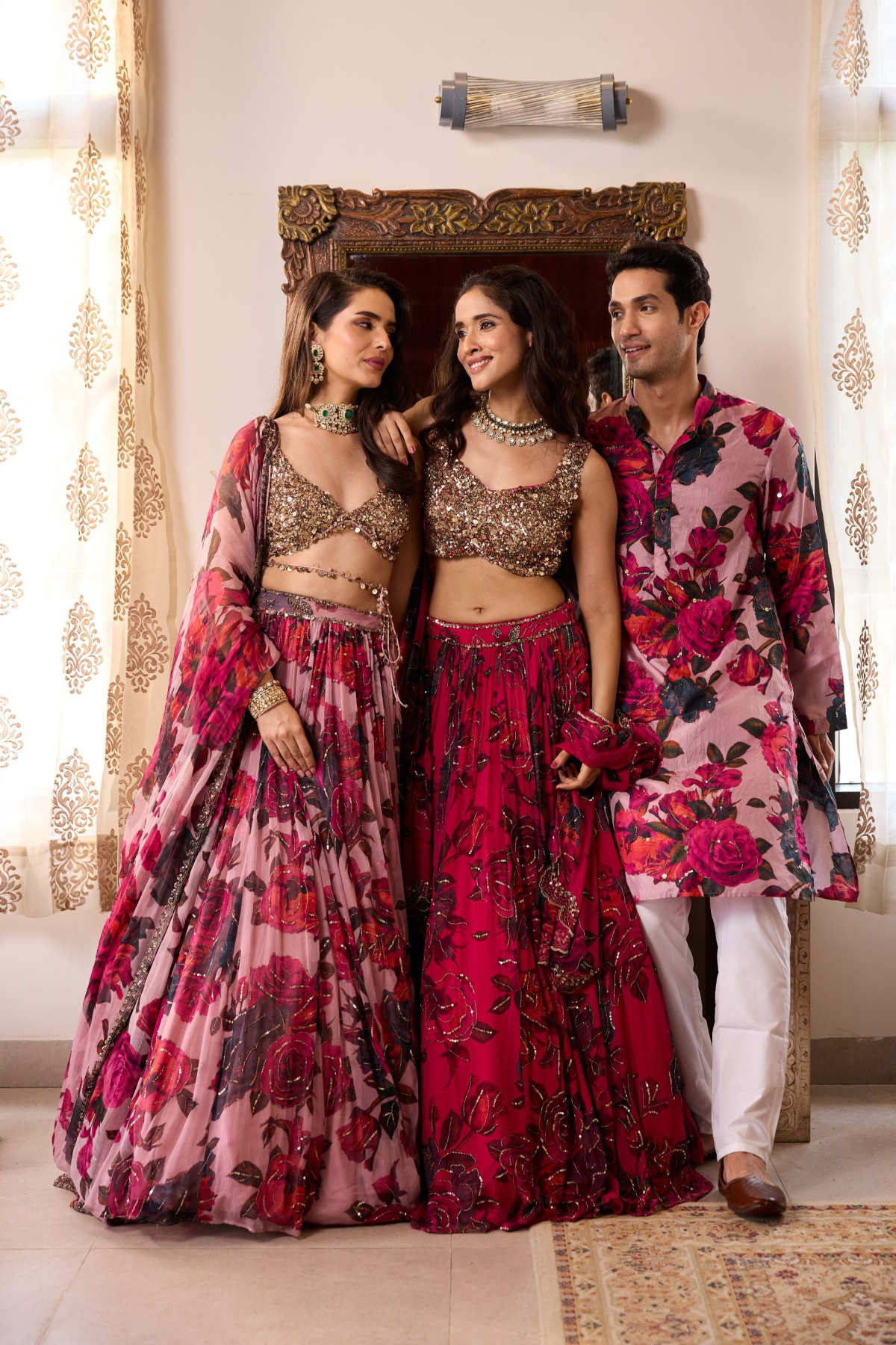 CARAMINE PINK CHIFFON FLORAL LEHENGA