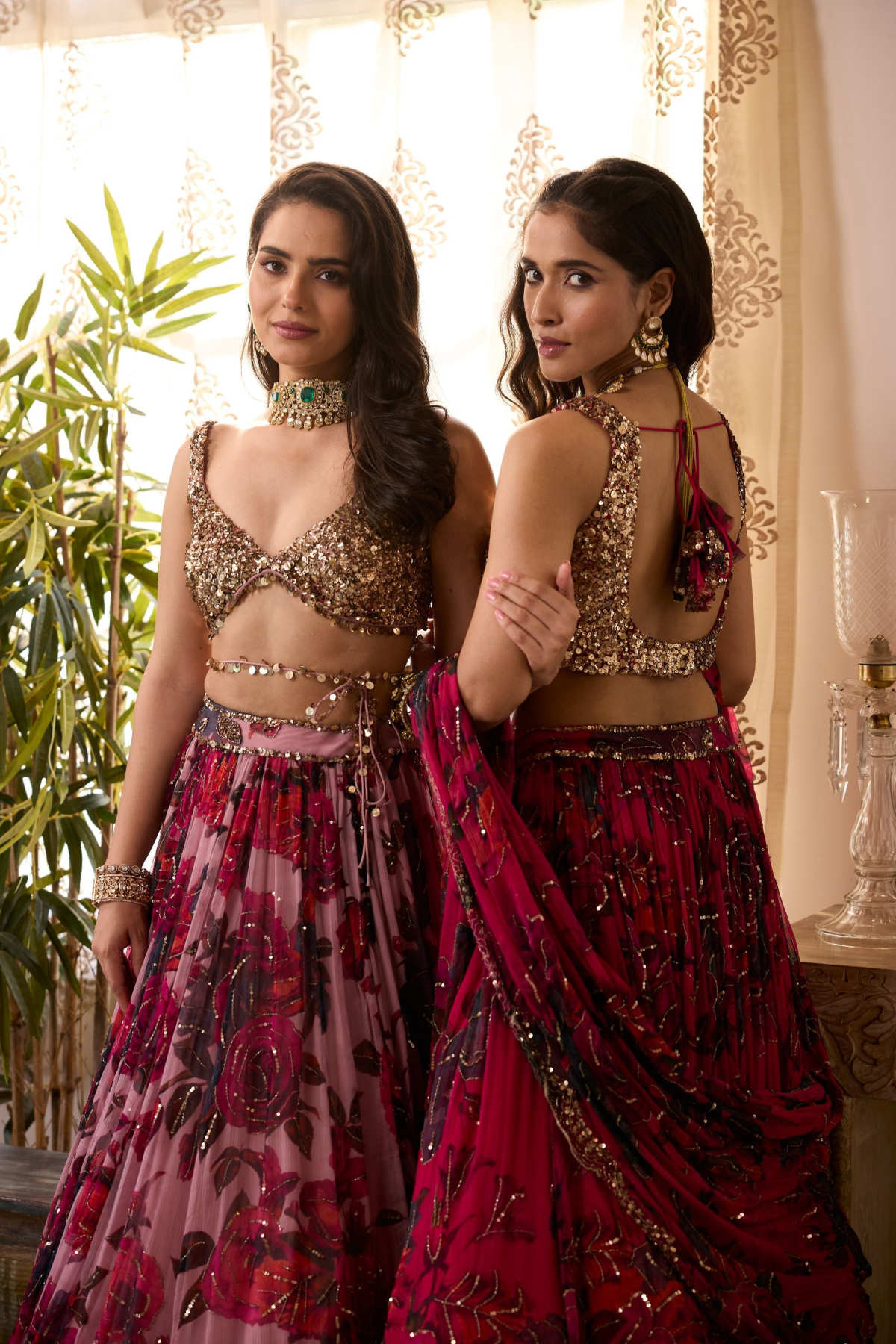 CARAMINE PINK CHIFFON FLORAL LEHENGA