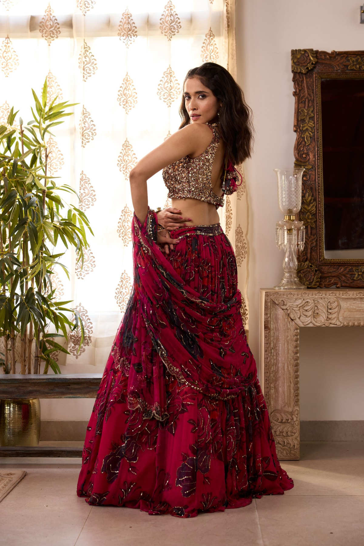 CARAMINE PINK CHIFFON FLORAL LEHENGA