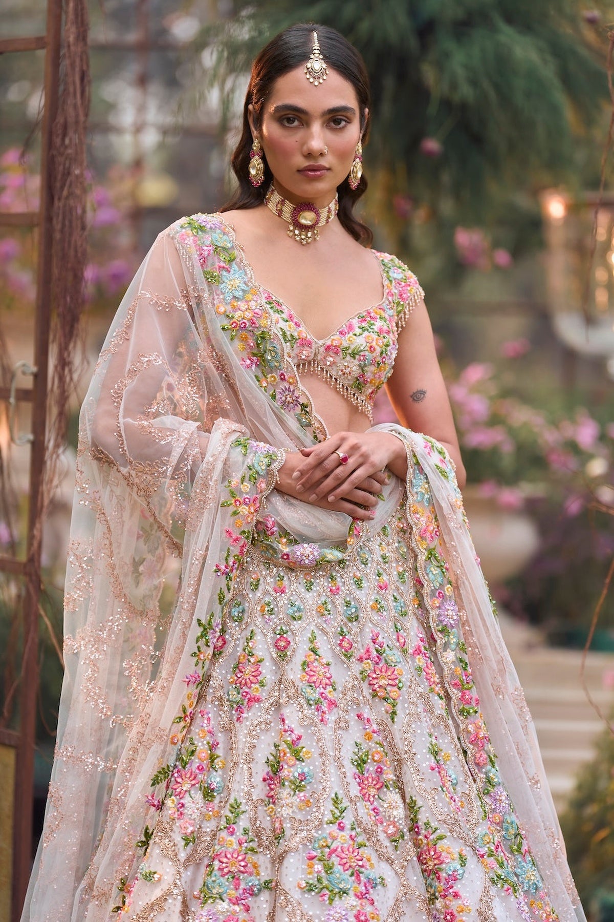 Cream Multi-Coloured Floral Lehenga Set