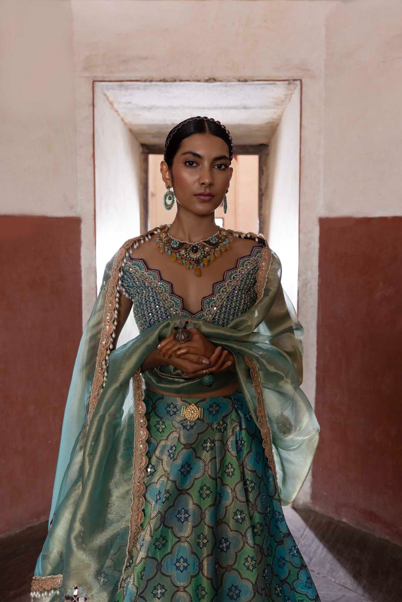 Green Woven Banarsi Jharoka Lehenga - Ready to Ship