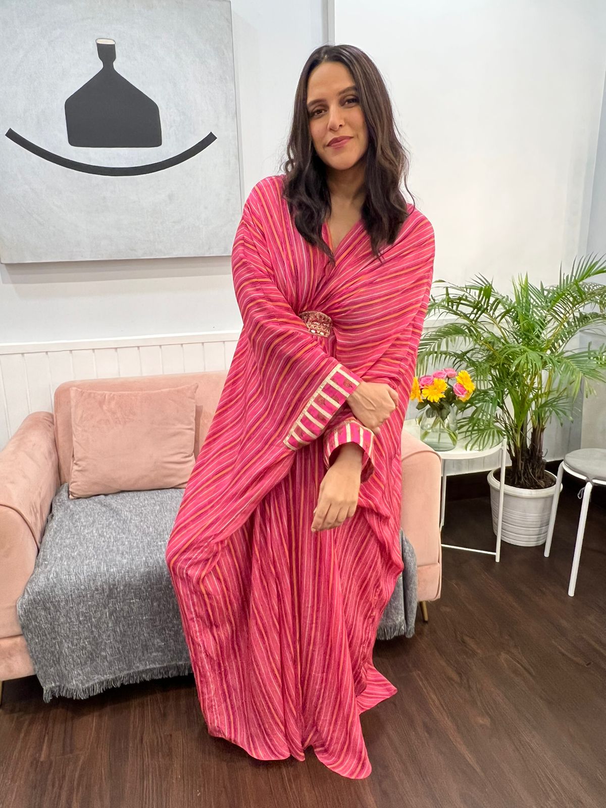 Neha Dhupia in Marigold strip Kaftan Dress