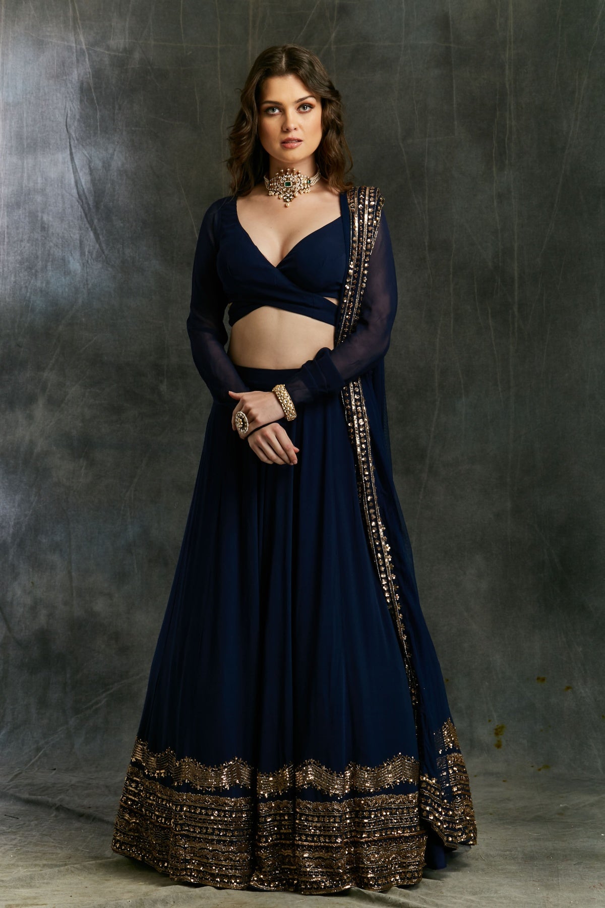 Dark Blue Wrap Blouse Georgette Lehenga- Ready To Ship