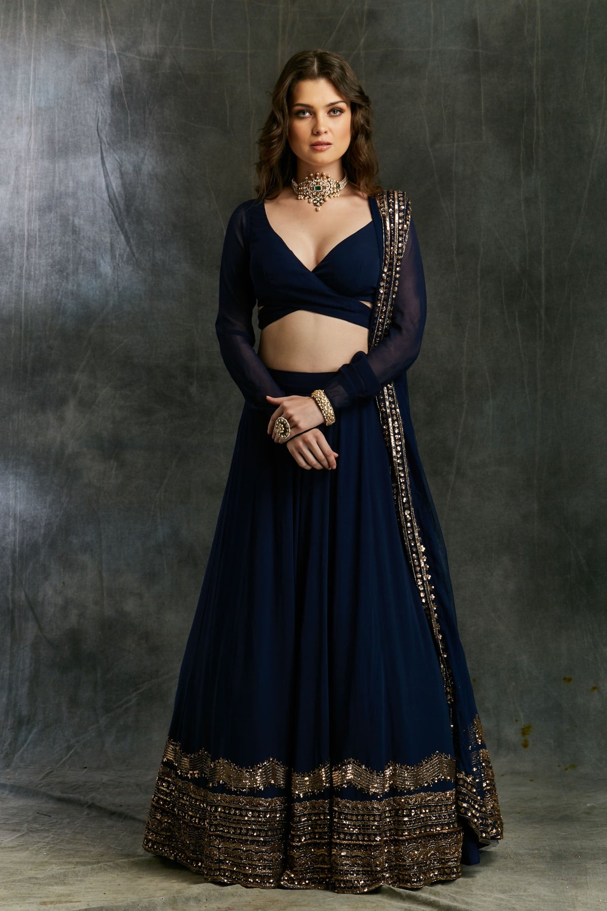 Dark Blue Wrap Blouse Georgette Lehenga- Ready To Ship