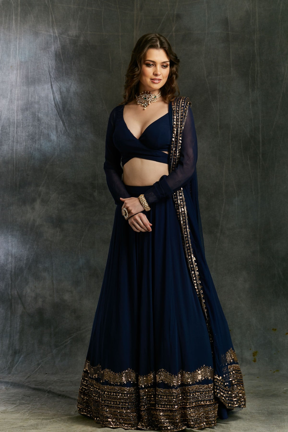 Dark Blue Wrap Blouse Georgette Lehenga- Ready To Ship